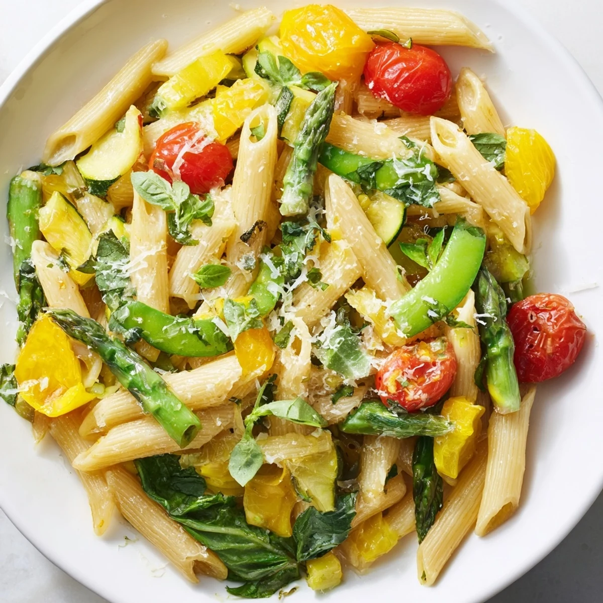 Vibrant one pot spring vegetable pasta tossed with spinach, lemon zest, and tender al dente noodles