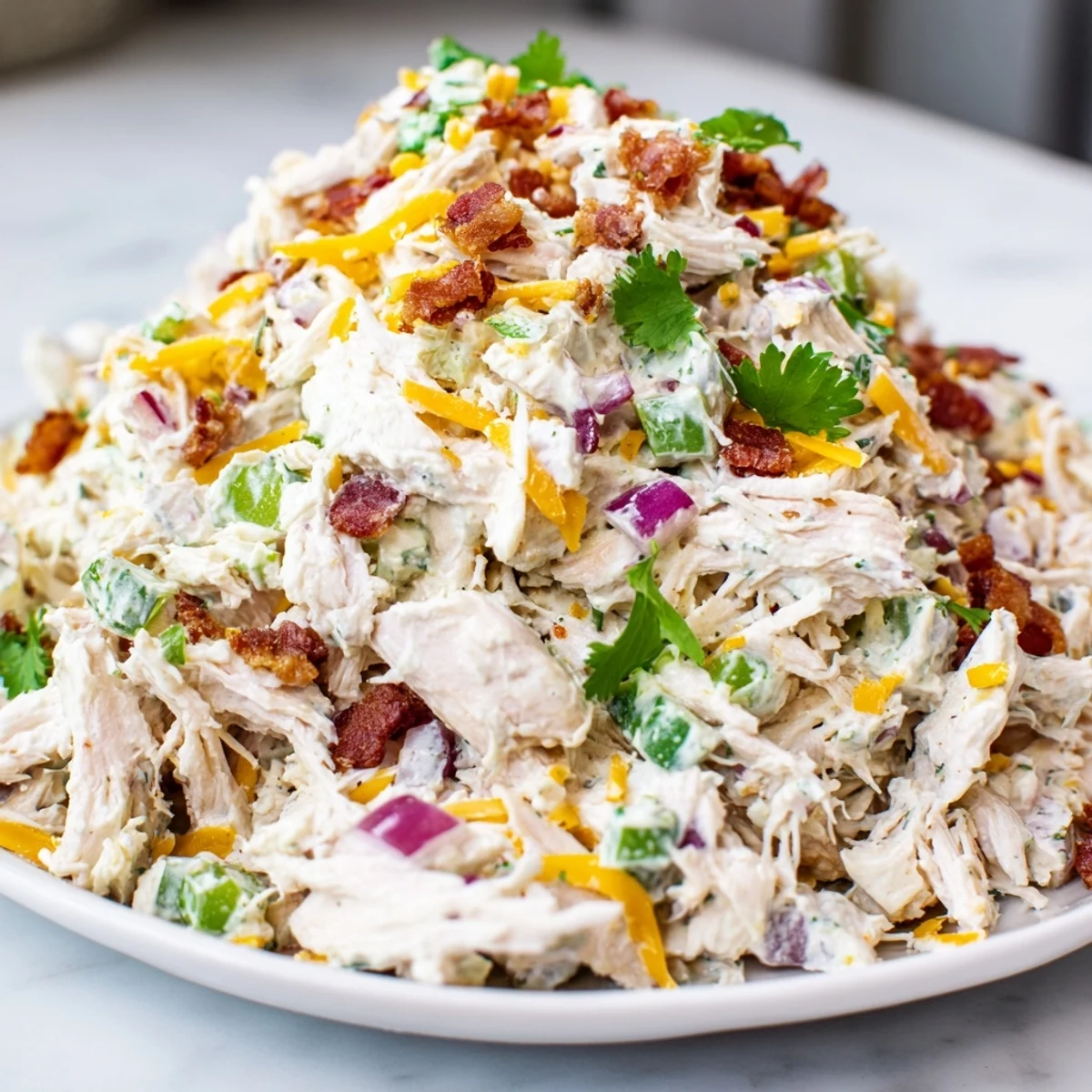 Low carb chicken salad with chopped jalapenos, shredded cheddar, and crispy bacon mixed into a rich cream cheese dressing