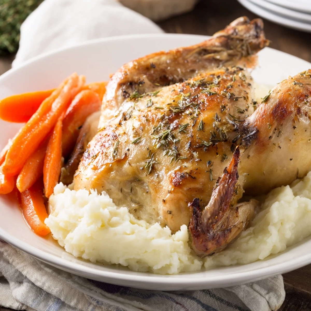 Golden herb-crusted chicken breast resting over fluffy mashed potatoes with honey-glazed carrot sticks on a white plate