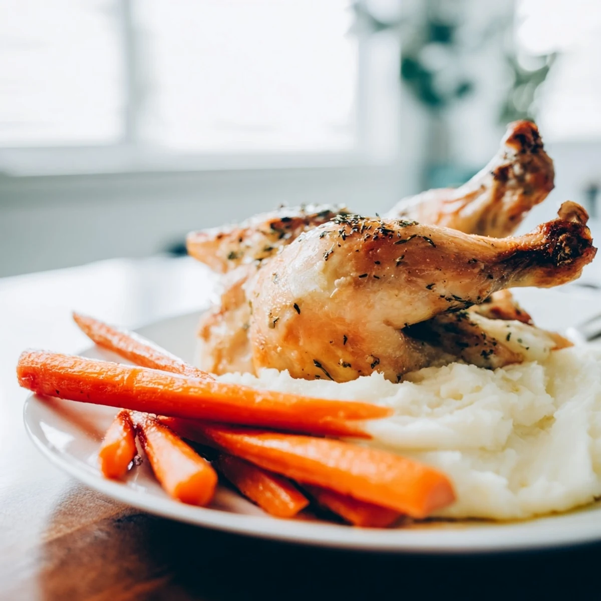 Juicy garlic roasted chicken served atop buttery mashed potatoes alongside sweet shiny glazed carrots garnished with fresh parsley