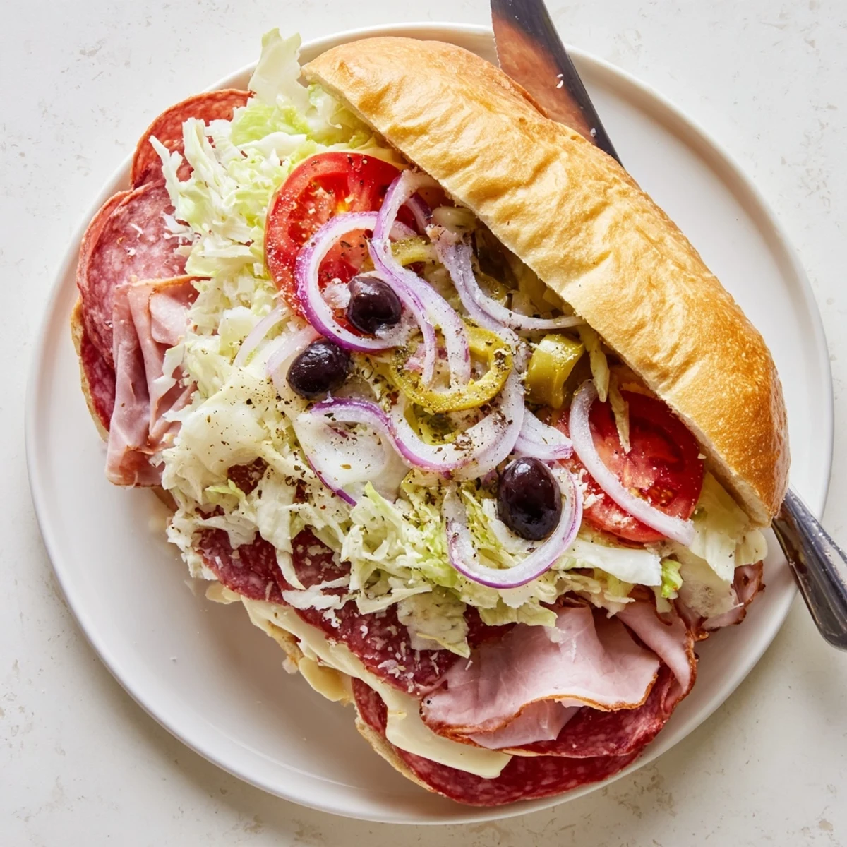 Golden Italian grinder salad sandwich stacked with cured meats and crisp dressed lettuce on toasted roll