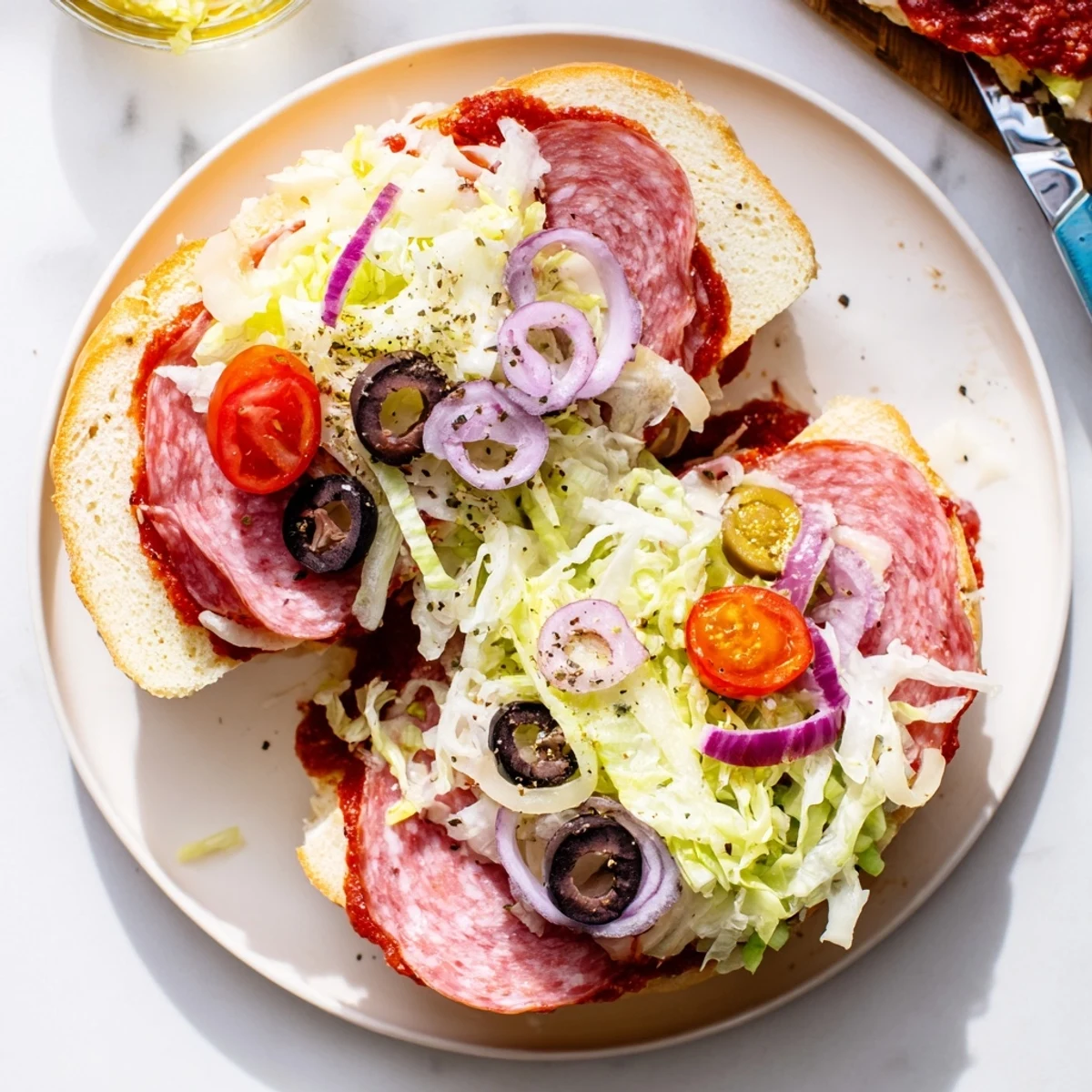 Cross-section of Italian grinder salad sandwich showing colorful lettuce pepperoncini and salami piled in crusty hoagie bun