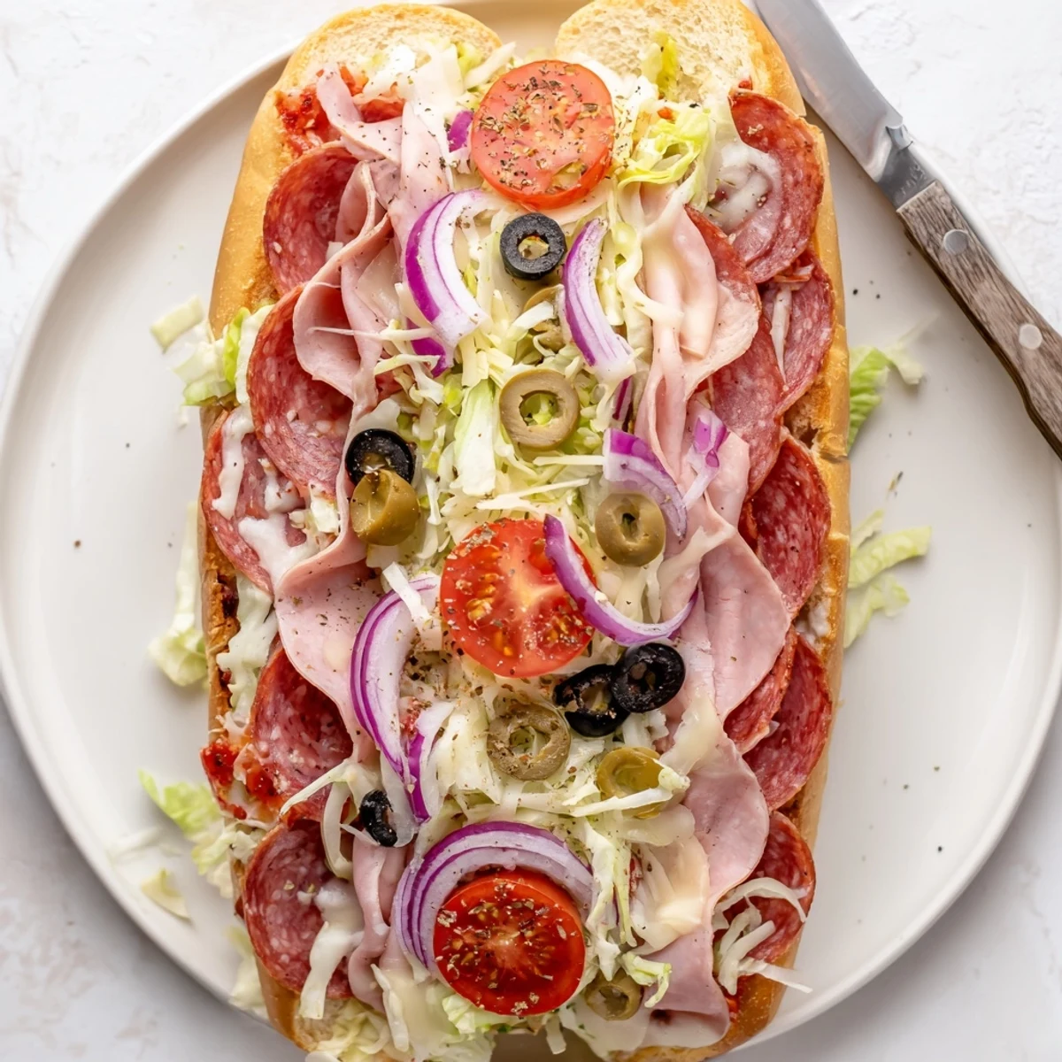 Sliced Italian grinder sandwich revealing layers of melty provolone deli meats and tangy vegetable salad filling