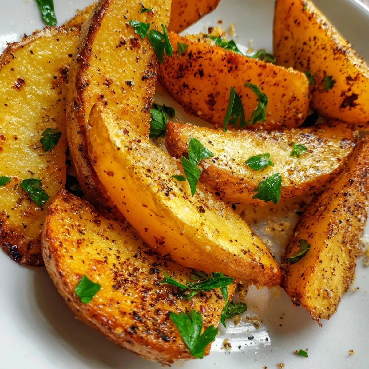 Golden crispy air fryer potato wedges sprinkled with fresh parsley on a white plate