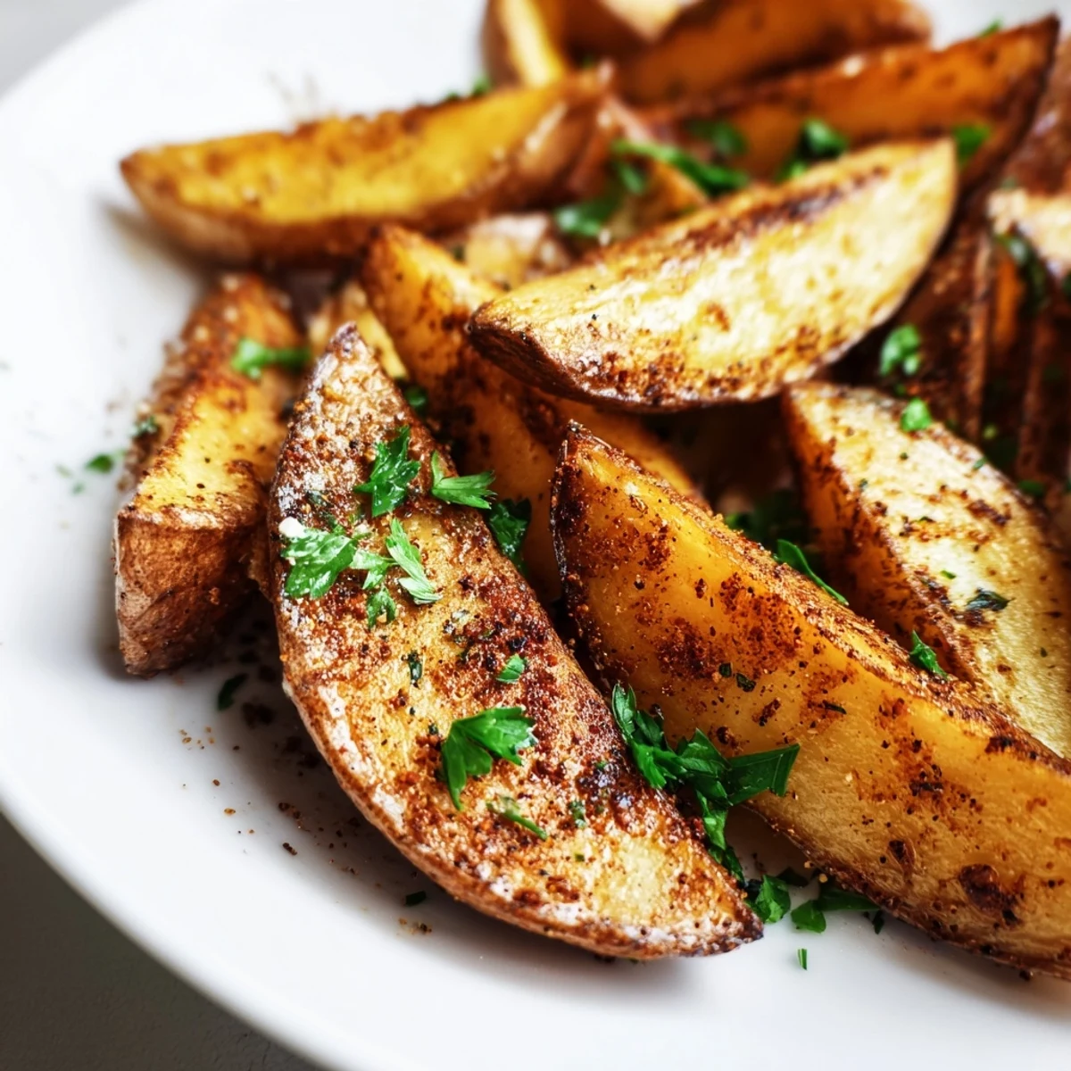 Seasoned potato wedges arranged in a single layer inside an air fryer basket