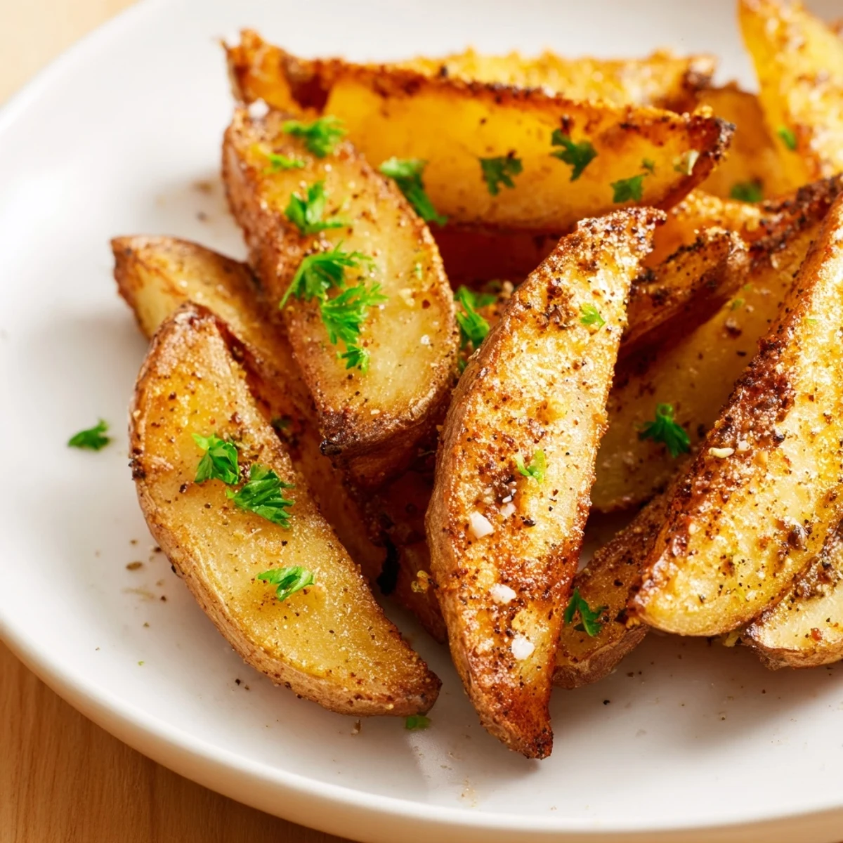 Fluffy potato wedges with paprika and garlic seasoning served with dipping sauce