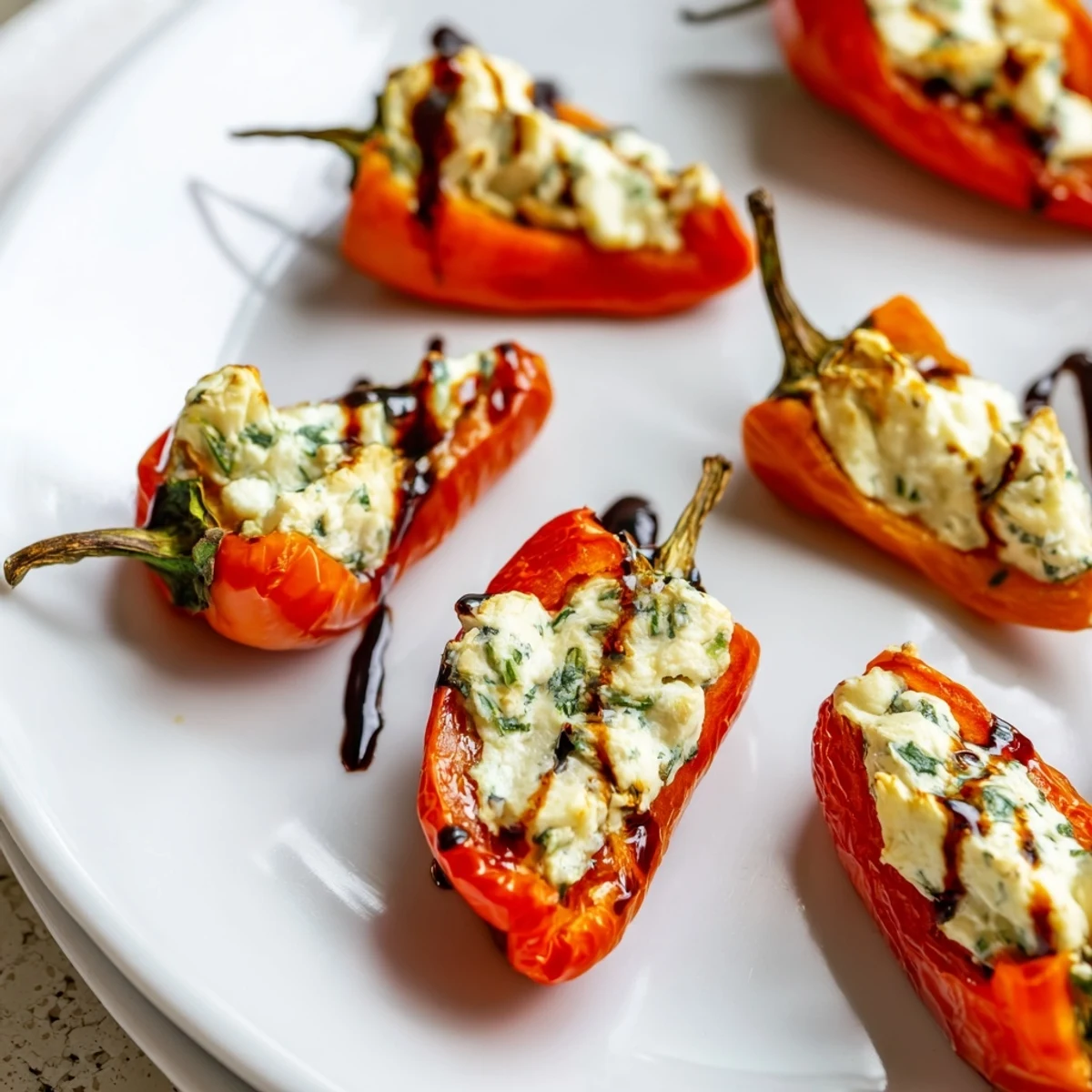 Colorful roasted goat cheese stuffed mini peppers arranged on a serving platter with fresh herbs