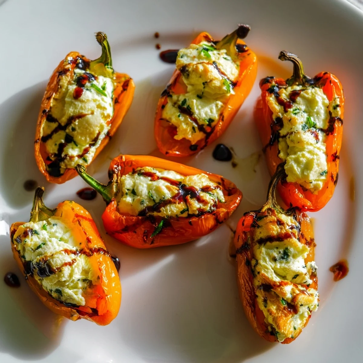 Golden blistered sweet mini peppers filled with creamy herbed goat cheese after roasting in the oven