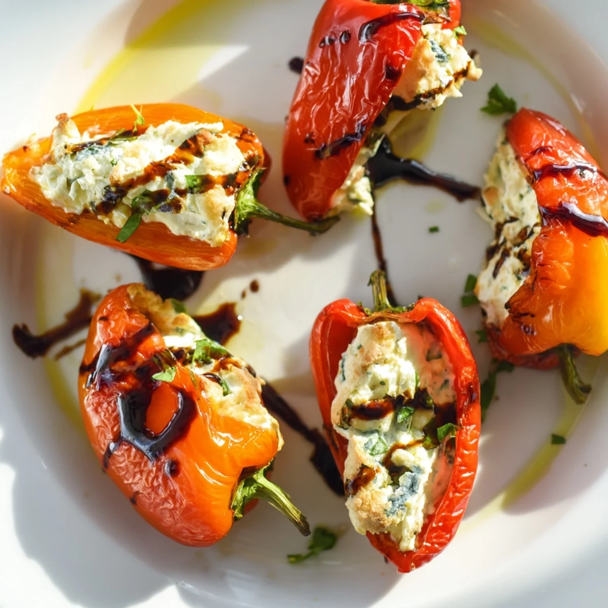 Mediterranean appetizer featuring roasted mini peppers piping hot with melted goat cheese and balsamic glaze drizzle