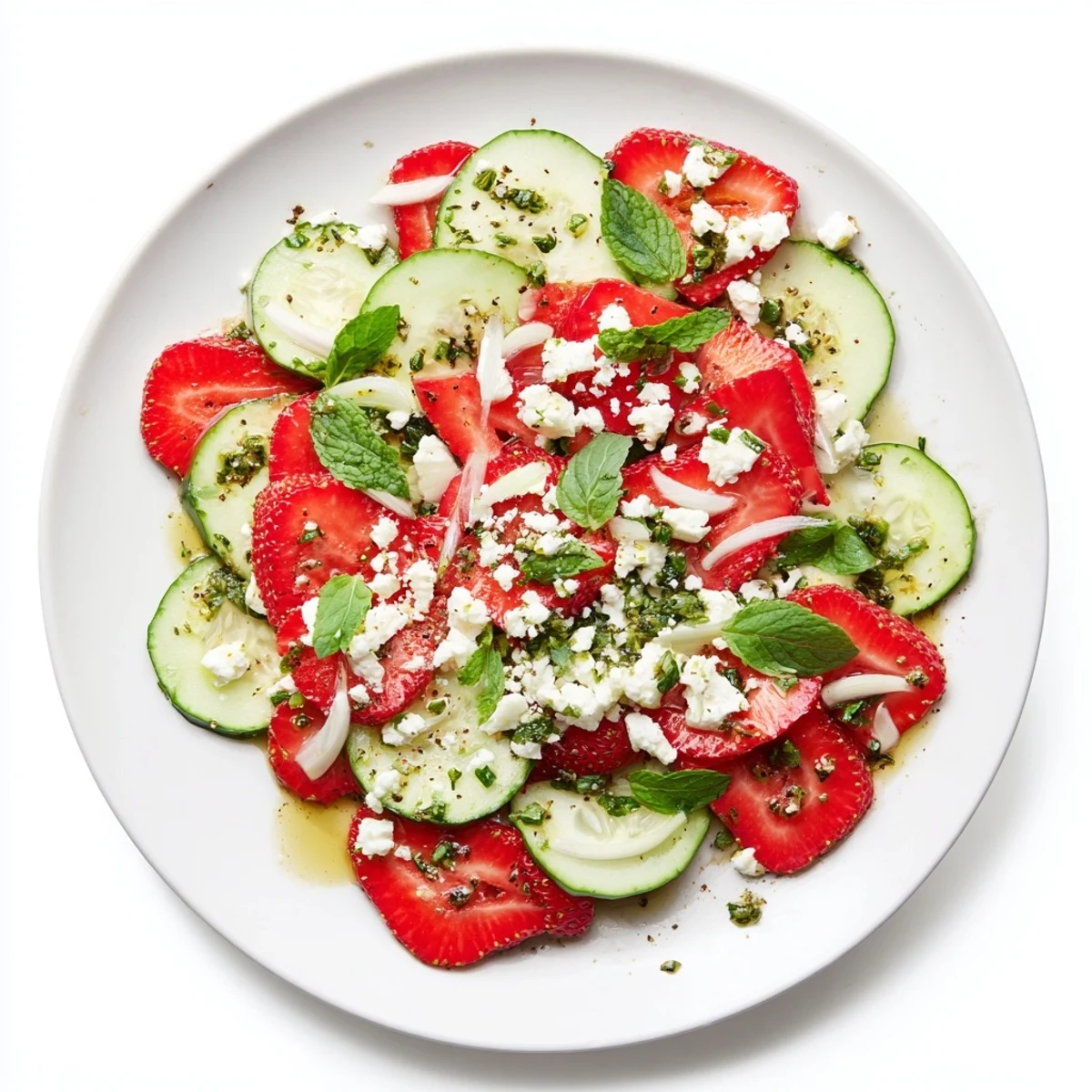 Vibrant bowl of strawberry cucumber salad featuring sliced berries, crisp cucumbers, and fresh herbs