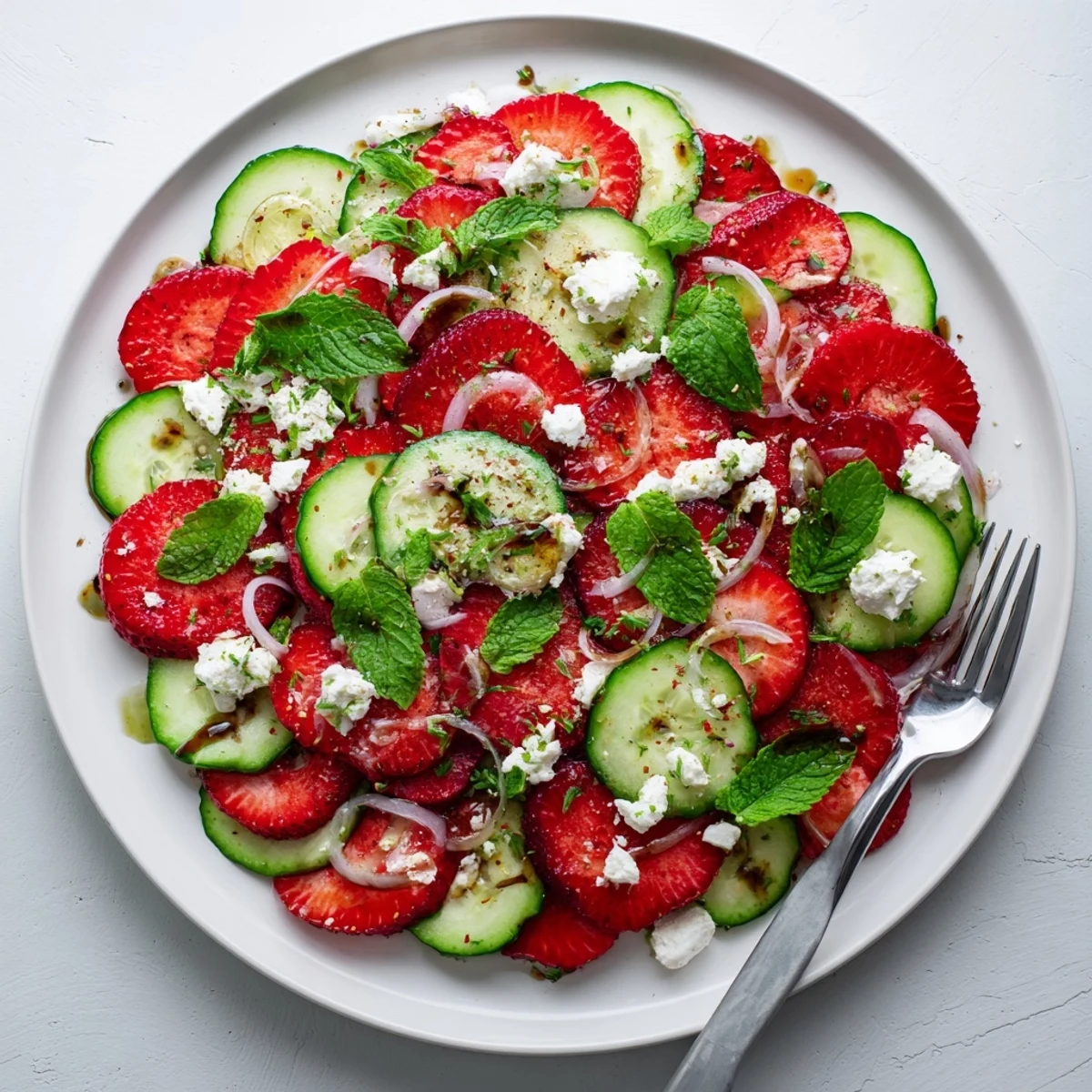 Summer strawberry cucumber salad arranged on white platter with tangy vinaigrette and basil garnish