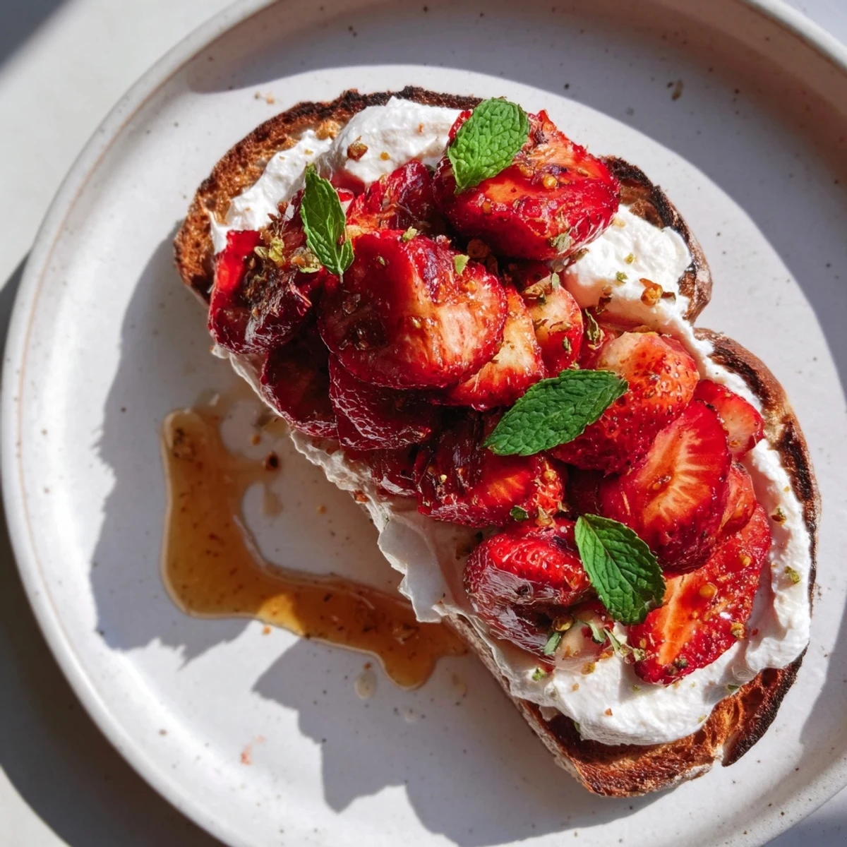 Golden toasted sourdough piled high with creamy whipped ricotta and sweet roasted strawberry topping