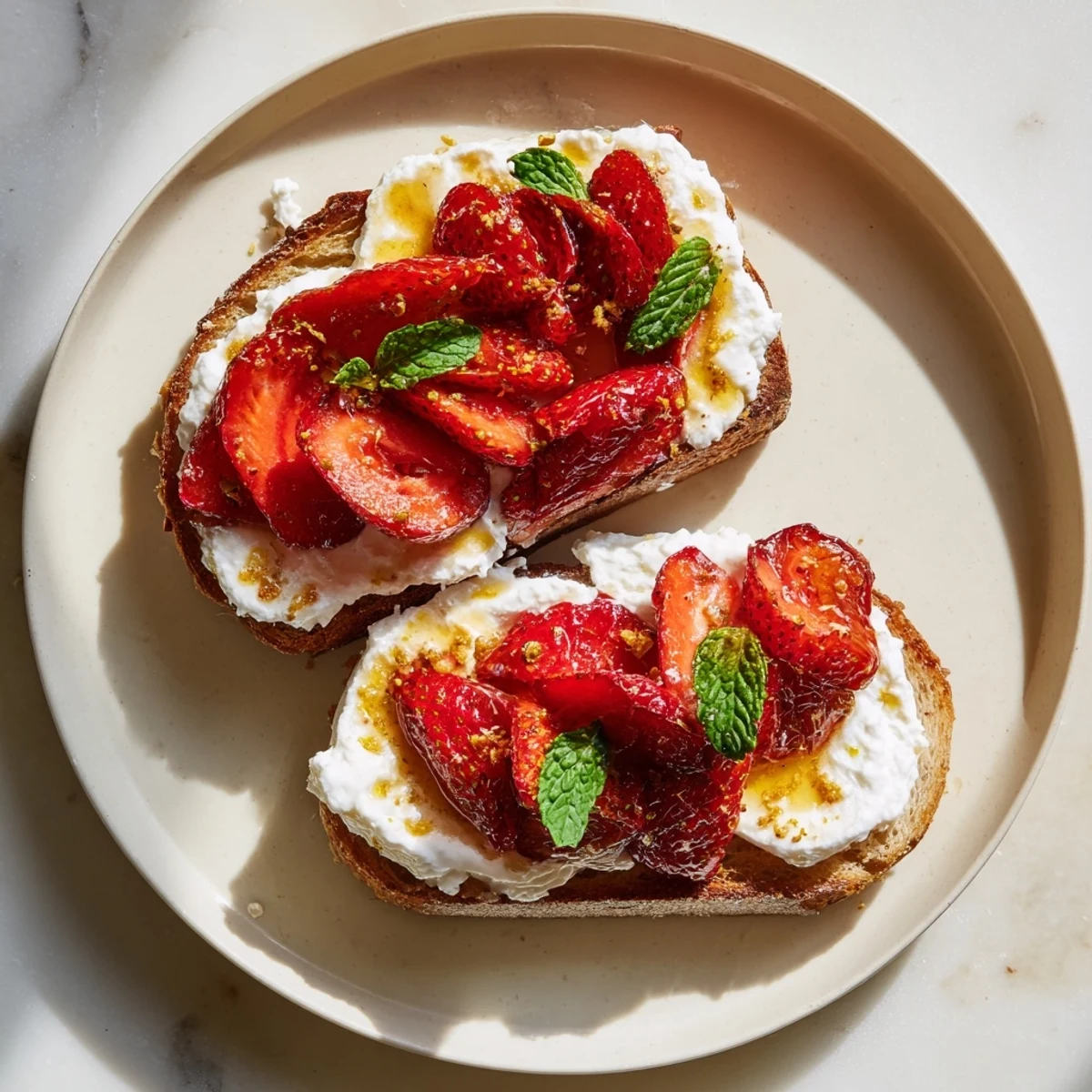 Artisan sourdough toast topped with fluffy lemon ricotta and honey roasted strawberries