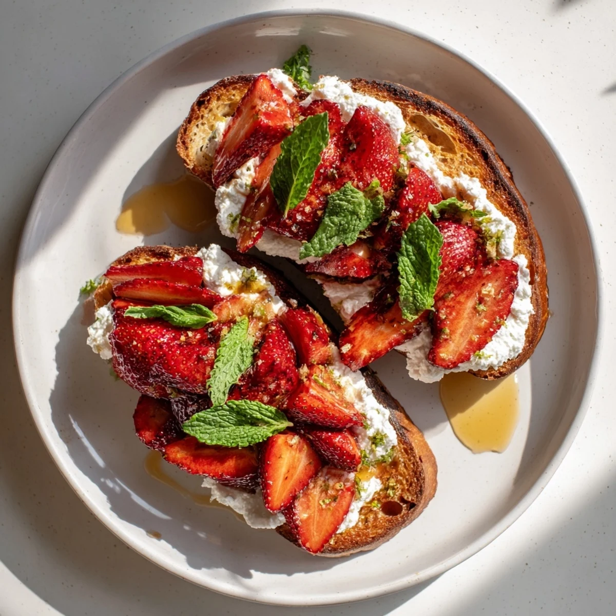 Roasted Strawberry Whipped Ricotta Toast drizzled with honey and garnished with fresh mint leaves