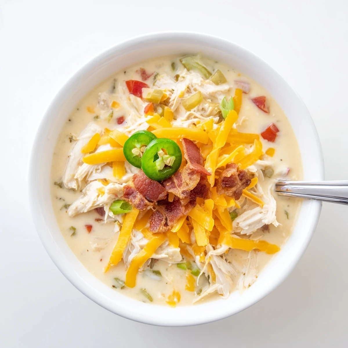 Rich and creamy spicy jalapeno popper chicken soup garnished with crispy bacon bits and melted cheddar cheese