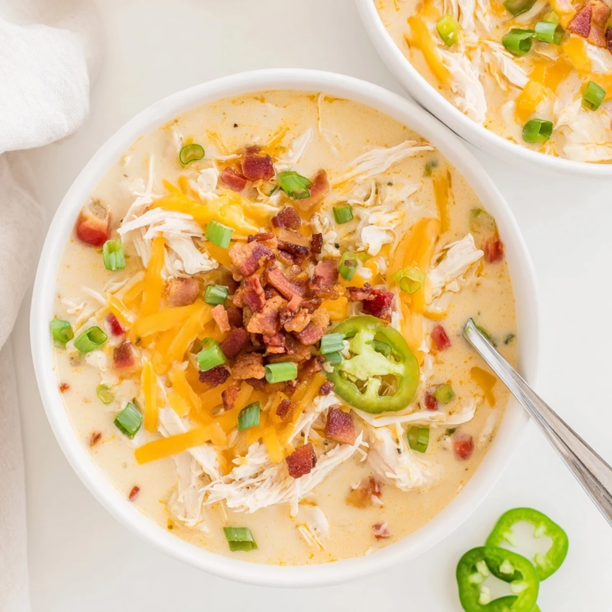 Spoon lifting creamy spicy jalapeno popper chicken soup with tender chicken, peppers, and bacon crumbles on top