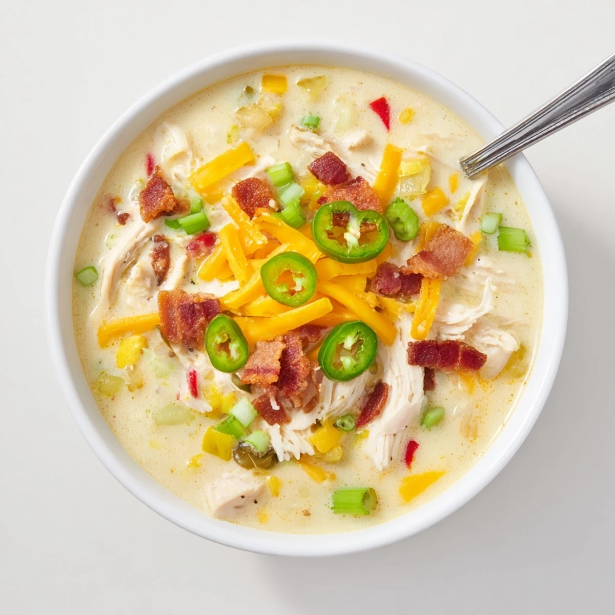 Steaming bowl of spicy jalapeno popper chicken soup topped with green onions, extra cheese, and sliced jalapeños