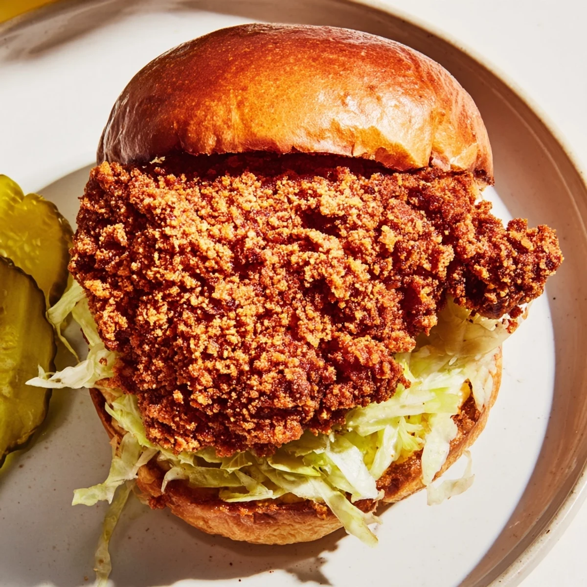Golden pickle brined fried chicken sandwich stacked on toasted brioche bun with crisp lettuce