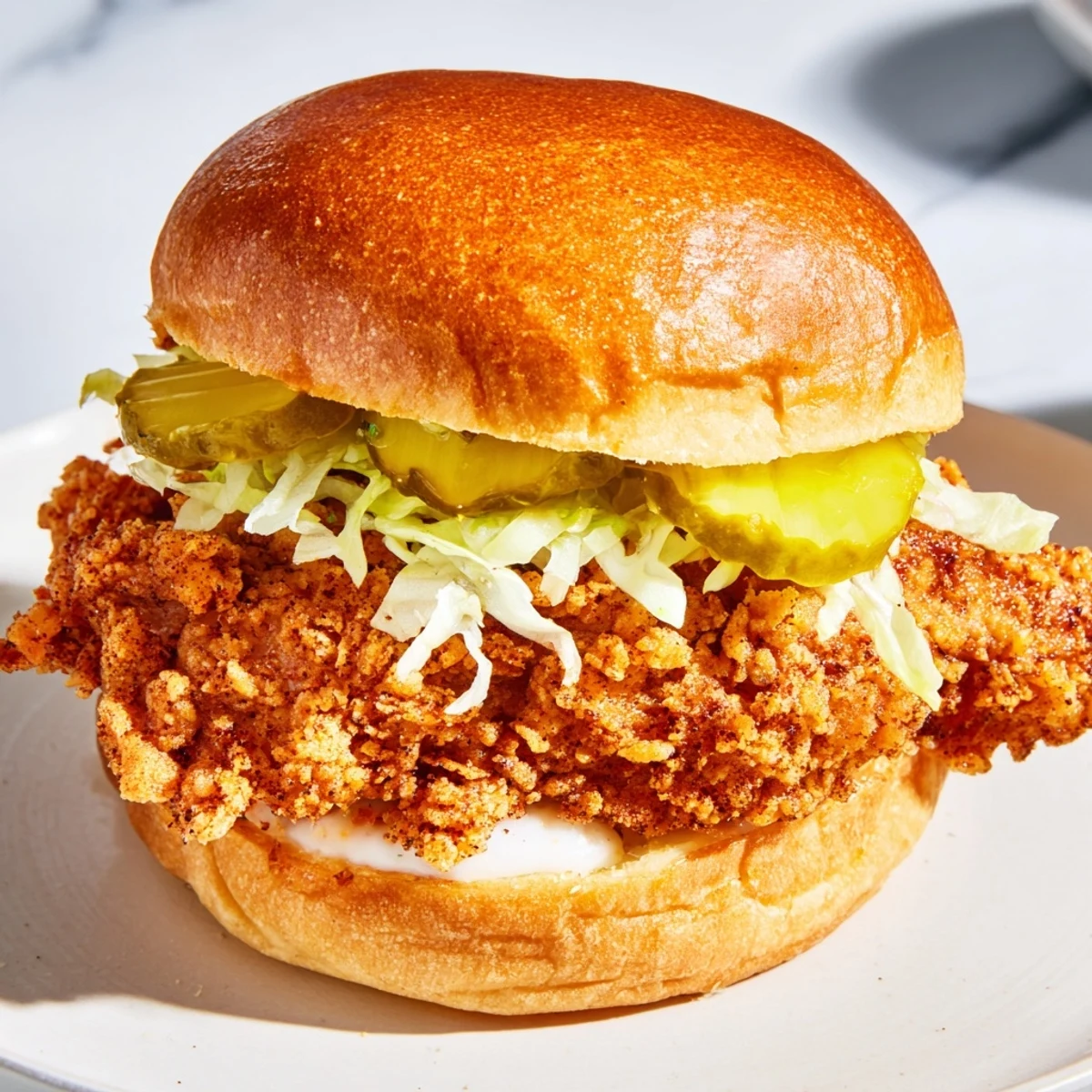 Crispy fried chicken fillet marinated in tangy pickle juice served on soft potato bun