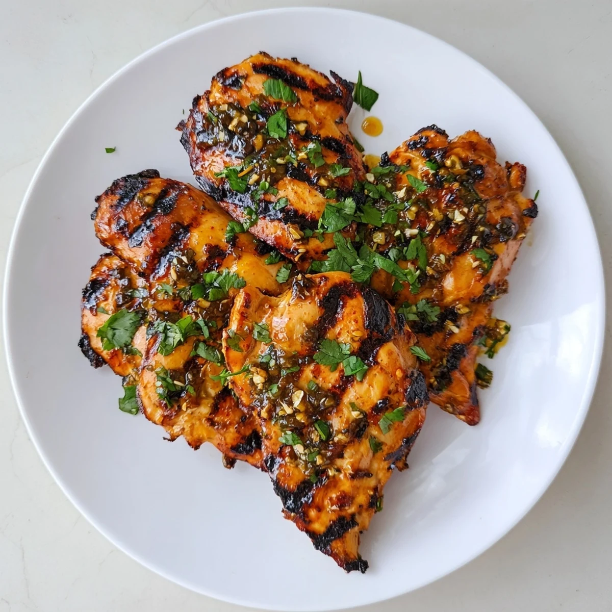 Golden brown Key West grilled chicken with char marks and fresh cilantro garnish on a white plate