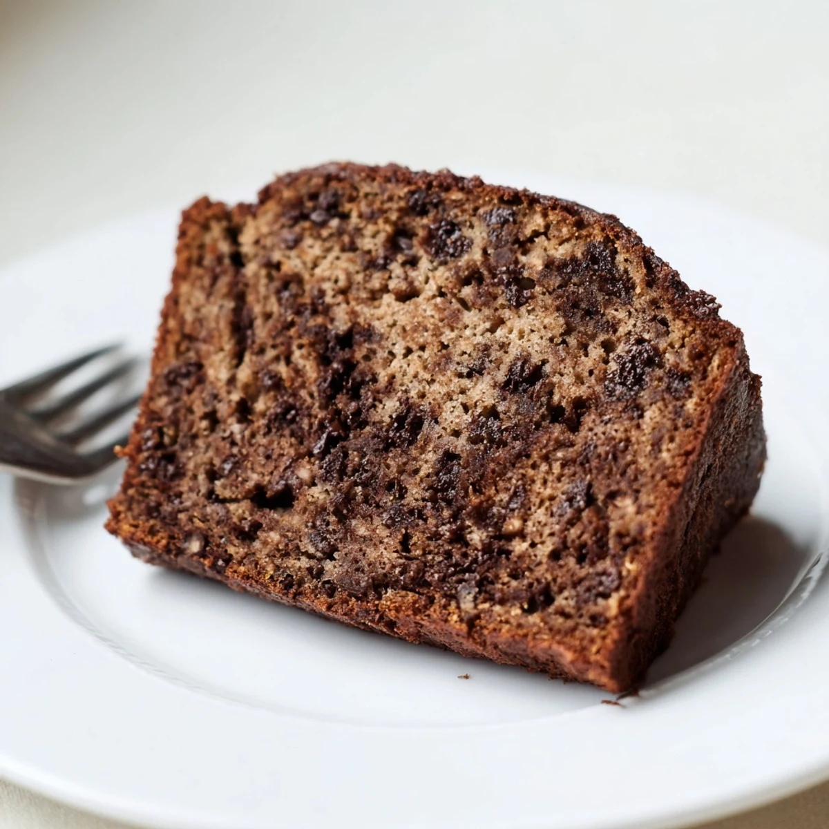 Sliced chocolate espresso banana bread revealing melted chocolate chips and moist dark interior