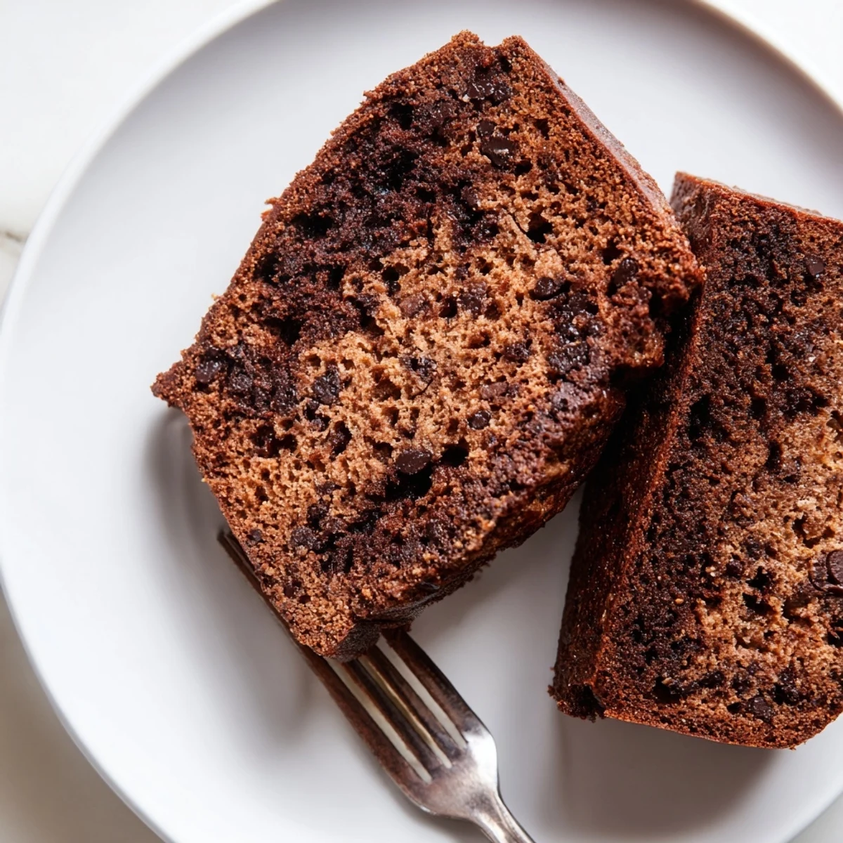 Thick slice of chocolate espresso banana bread topped with butter and sea salt sprinkles