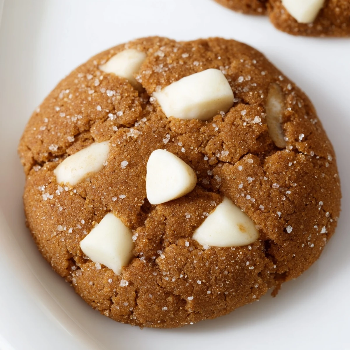 Golden gingerbread white chocolate cookies fresh from the oven with crackled sugar tops