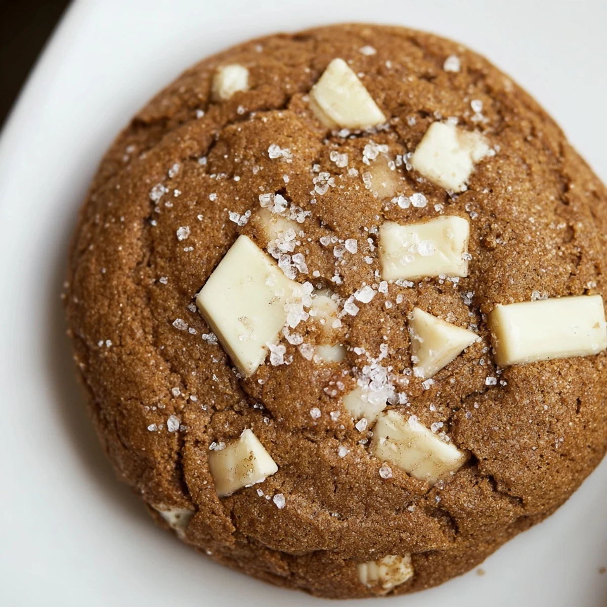 Chewy gingerbread white chocolate cookies stacked on a wooden board with melted chips