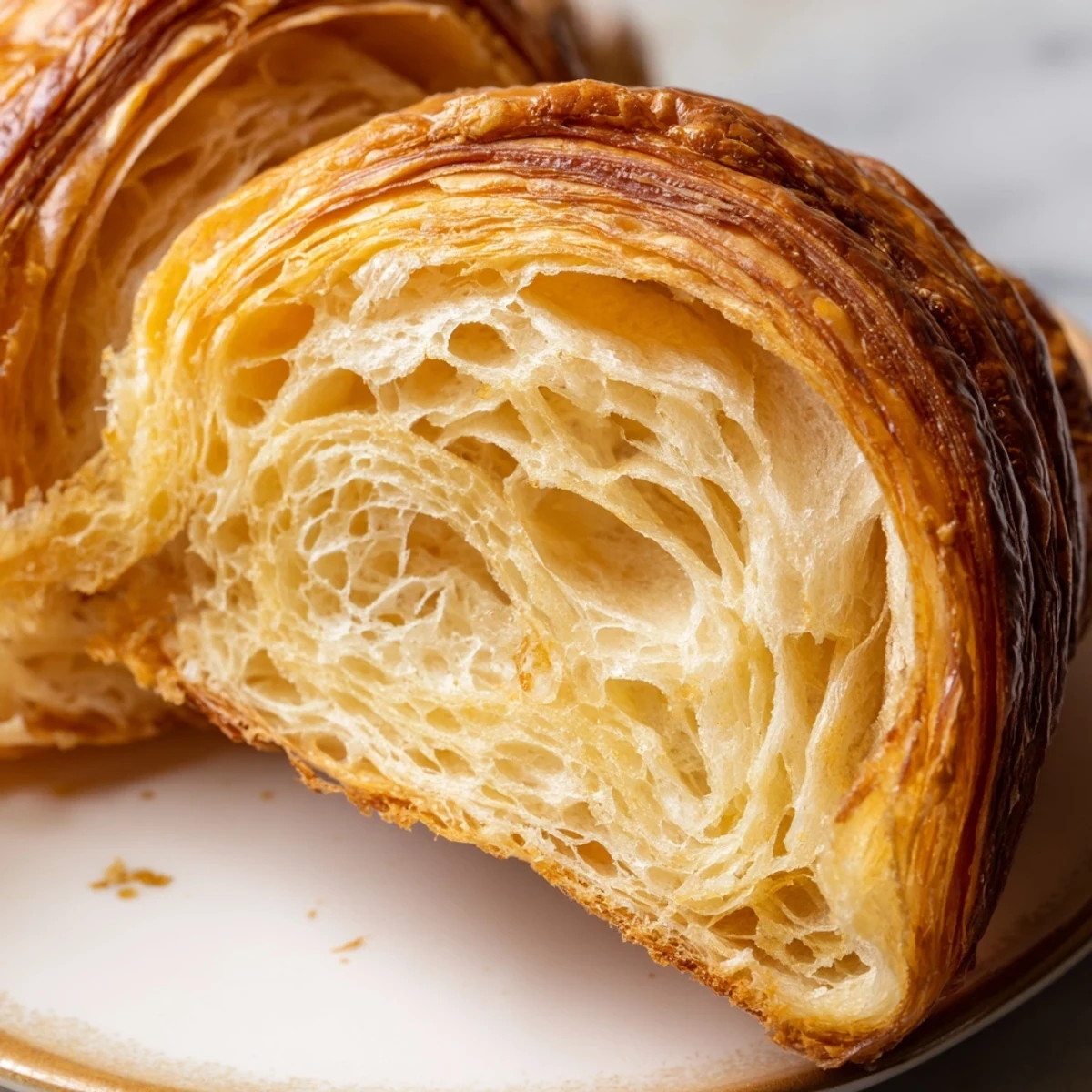 Golden brown homemade croissant bread loaf with flaky layers and shiny egg wash finish