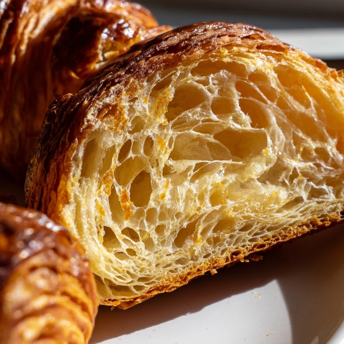 Sliced homemade croissant bread revealing tender buttery layers on a wooden serving board