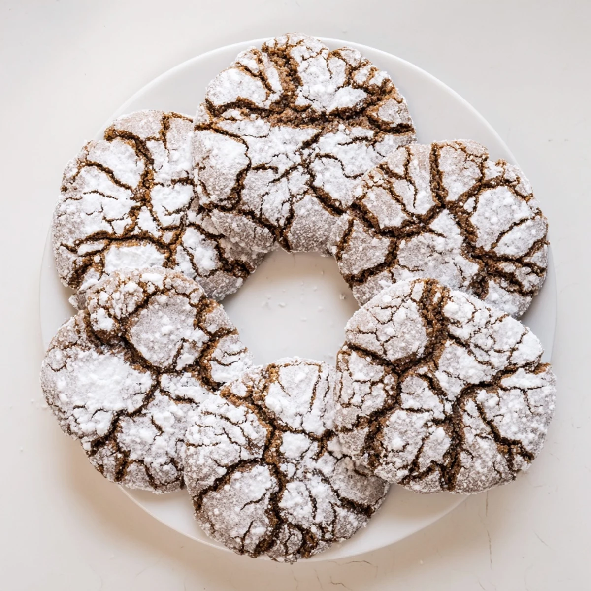 Soft homemade gingerbread crinkle cookies dusted with powdered sugar on a white plate
