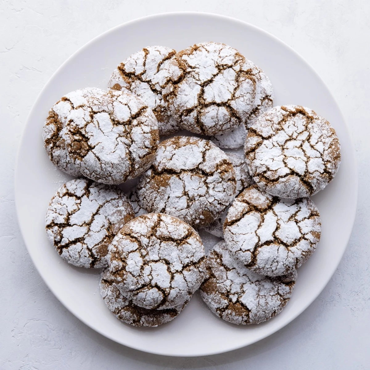 Freshly baked gingerbread crinkle cookies featuring warm spices and snowy powdered sugar topping