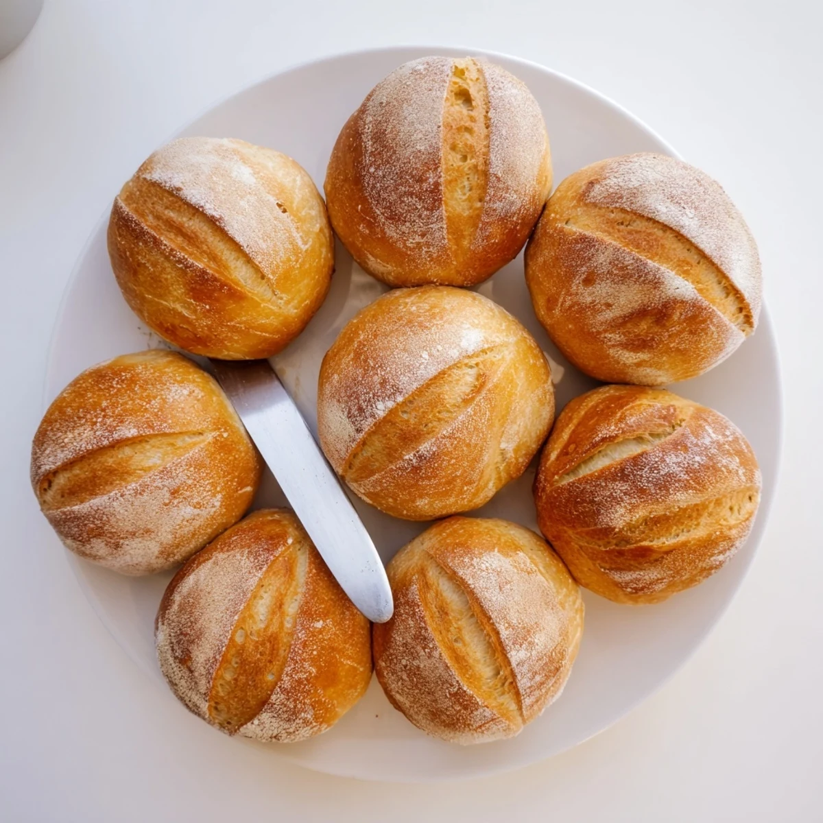 Freshly baked crusty French bread rolls on wire rack ready for serving