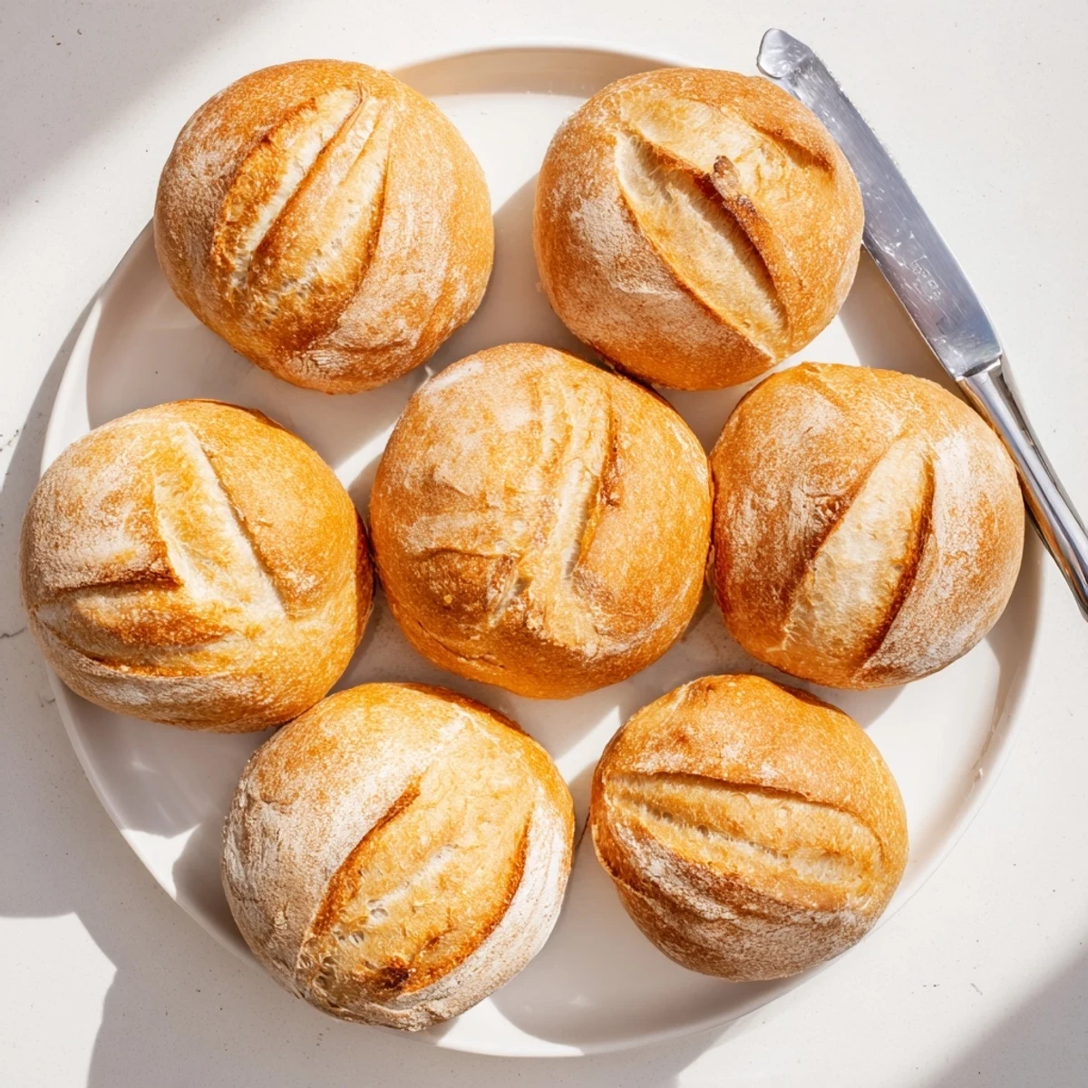 Golden crusty French bread rolls with flour-dusted tops and slash marks