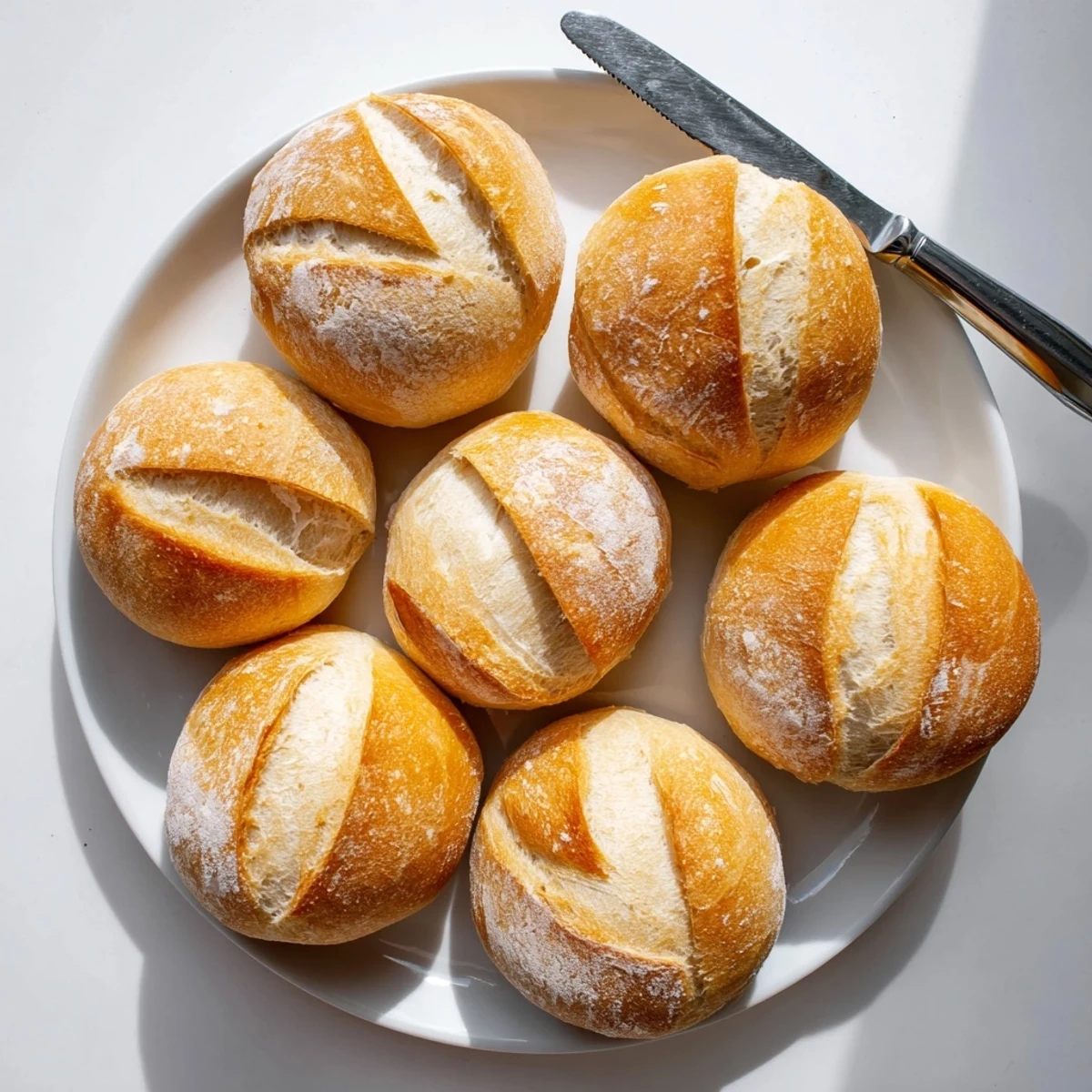Warm crusty French bread rolls split open showing soft tender interior