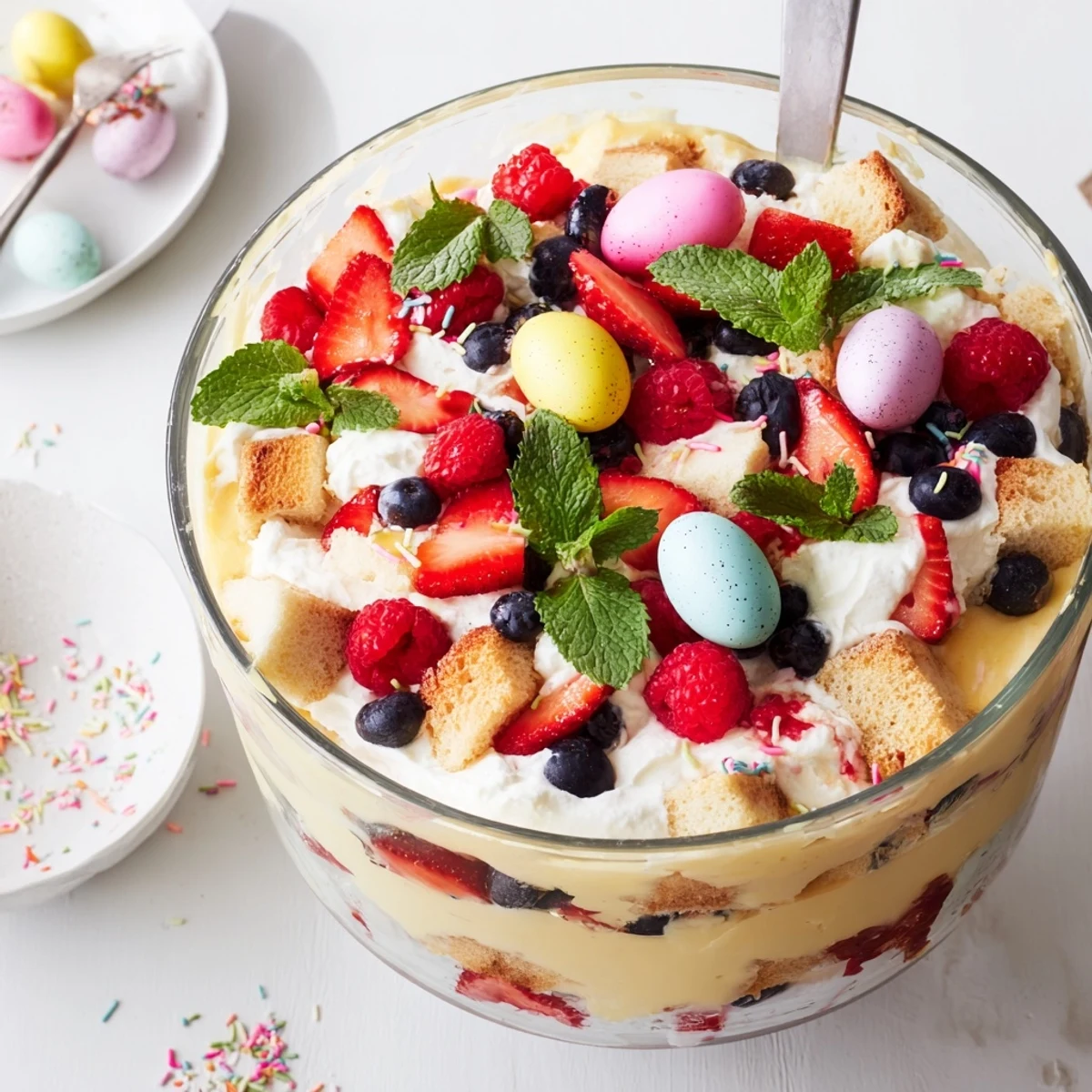 Layered Easter trifle dessert with sponge cake, custard, fresh berries, and whipped cream in glass bowl