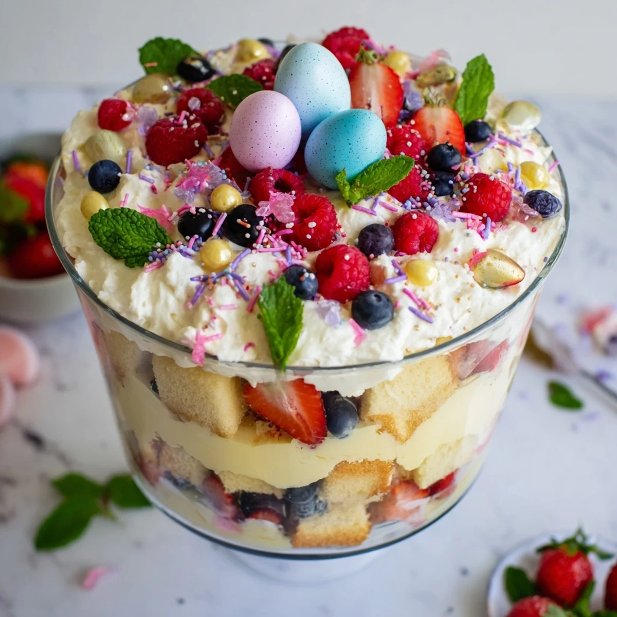 Festive Easter trifle dessert showing colorful layers of cake, vanilla custard, and macerated berries topped with cream