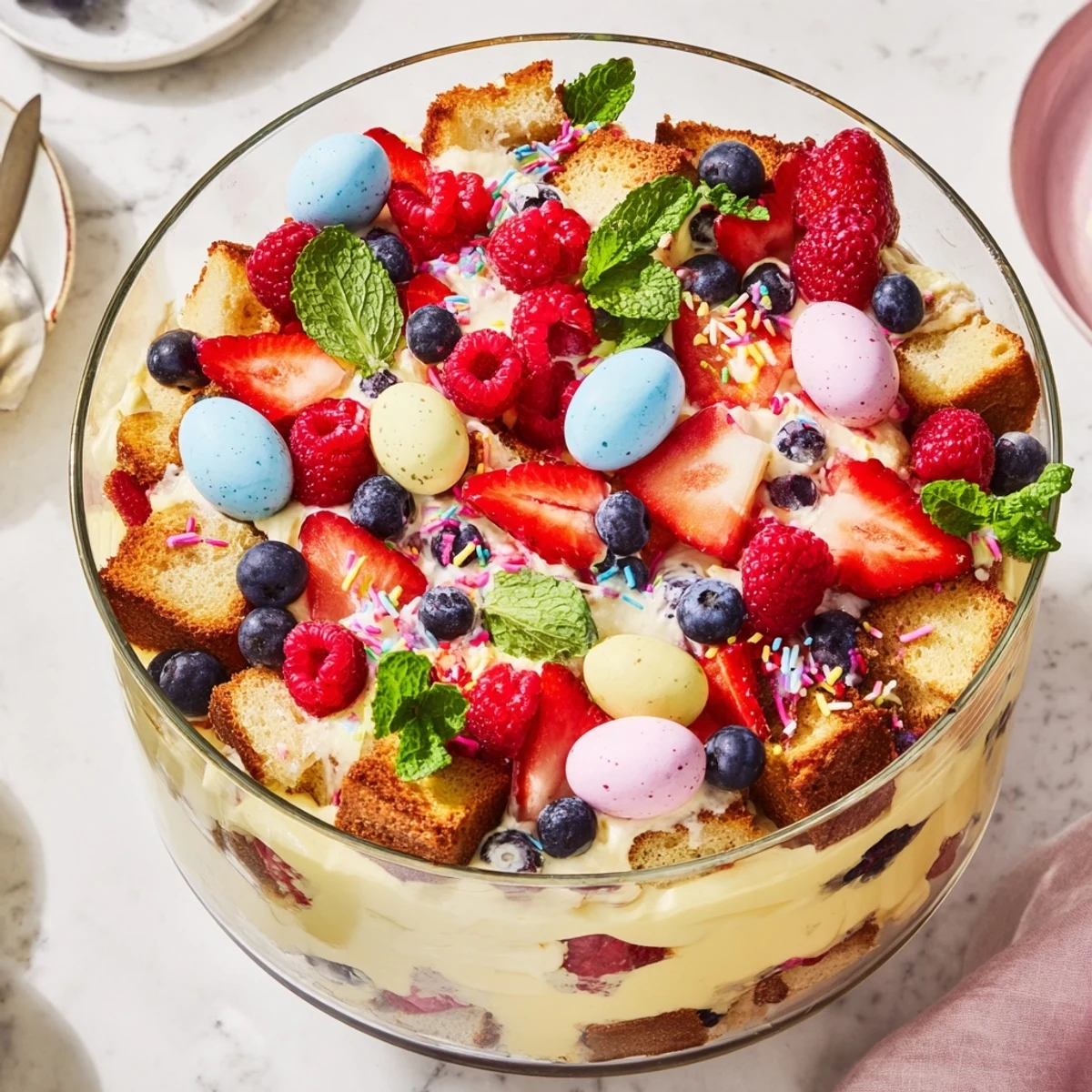 Glass trifle bowl filled with Easter dessert featuring sponge cubes, creamy custard, fresh mixed berries, and whipped topping