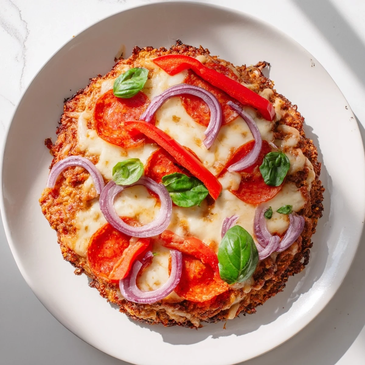 Golden brown crispy chicken crust pizza loaded with melted mozzarella and pepperoni slices