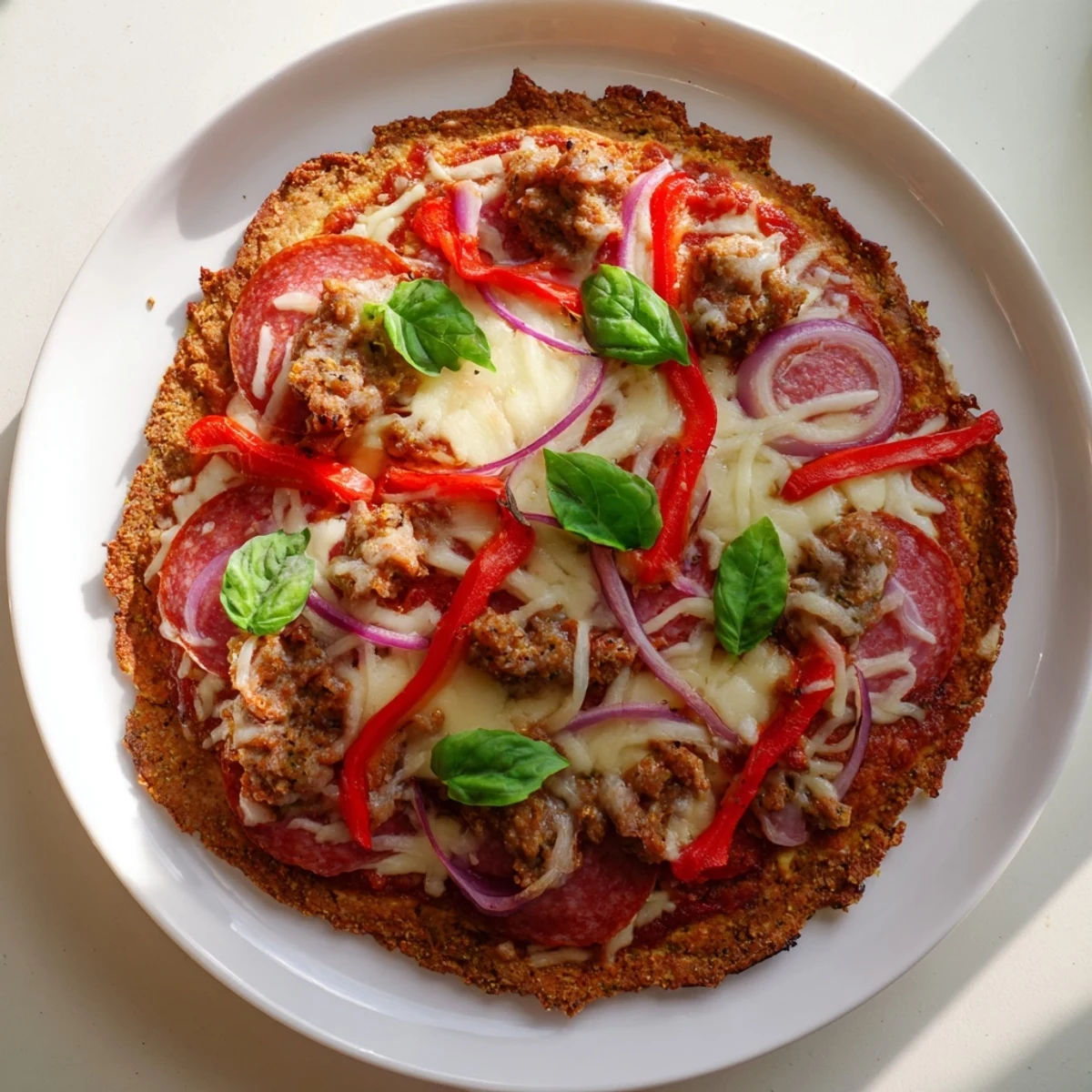 Sizzling hot chicken crust pizza bubbling with cheese and red pepper toppings