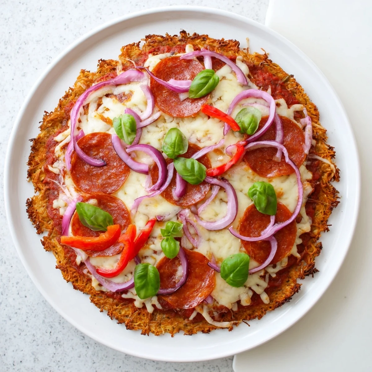 Low carb crispy chicken crust pizza topped with colorful vegetables and fresh basil
