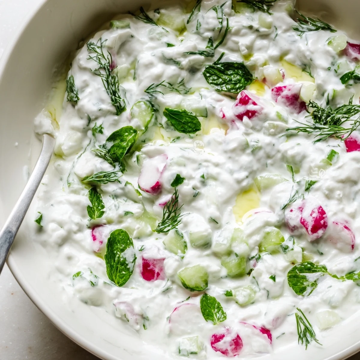 Creamy healthy radish tzatziki dip topped with fresh dill and olive oil drizzle in white bowl