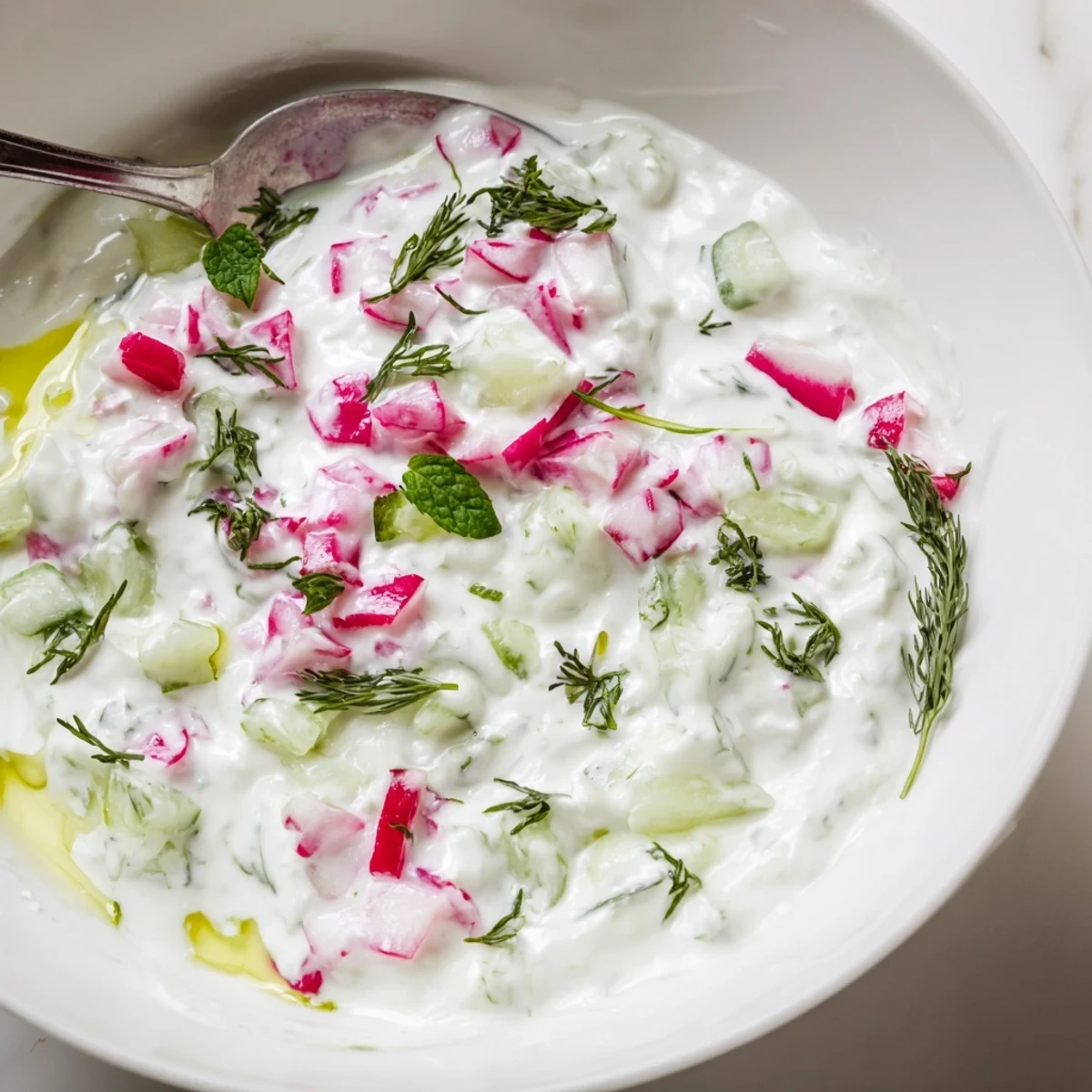 Healthy radish tzatziki dip served chilled with vegetable sticks and pita chips for light appetizer