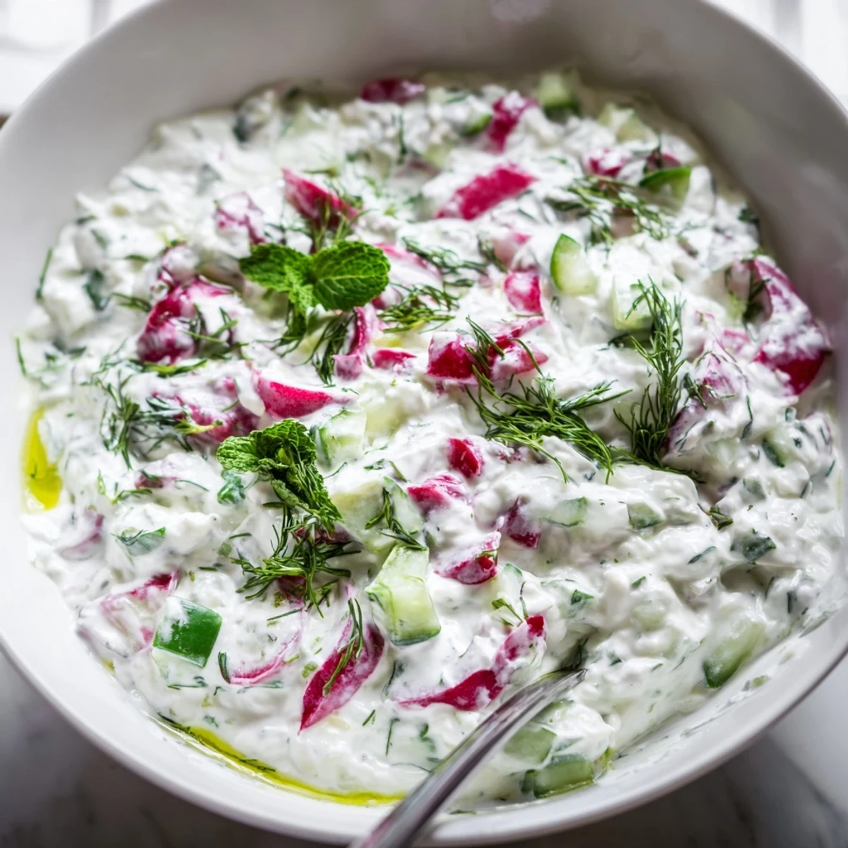 Crisp grated radishes folded into Greek yogurt creating vibrant pink Mediterranean tzatziki dip with herbs