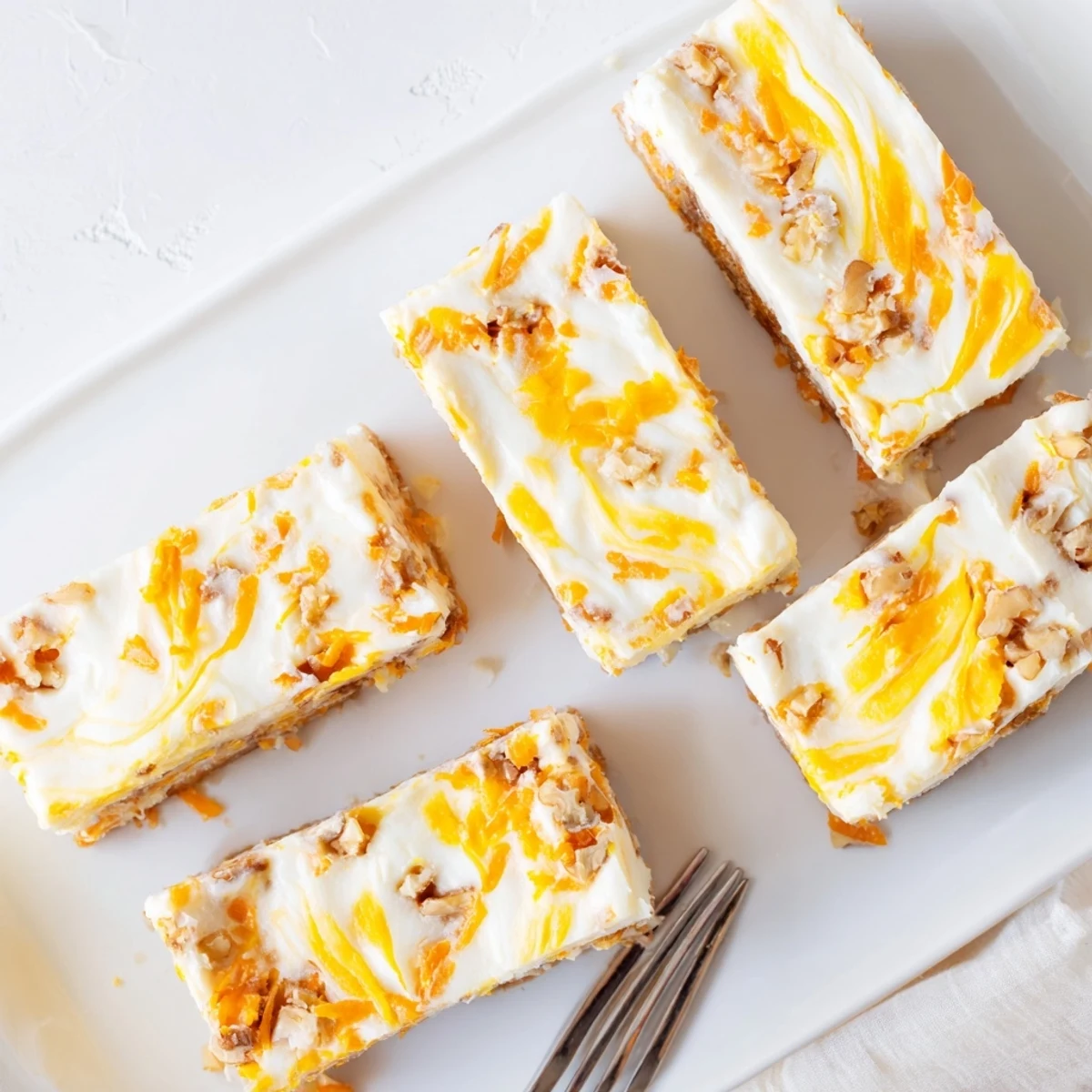 Moist carrot cake cream cheese bars with visible carrot specks and marbled topping