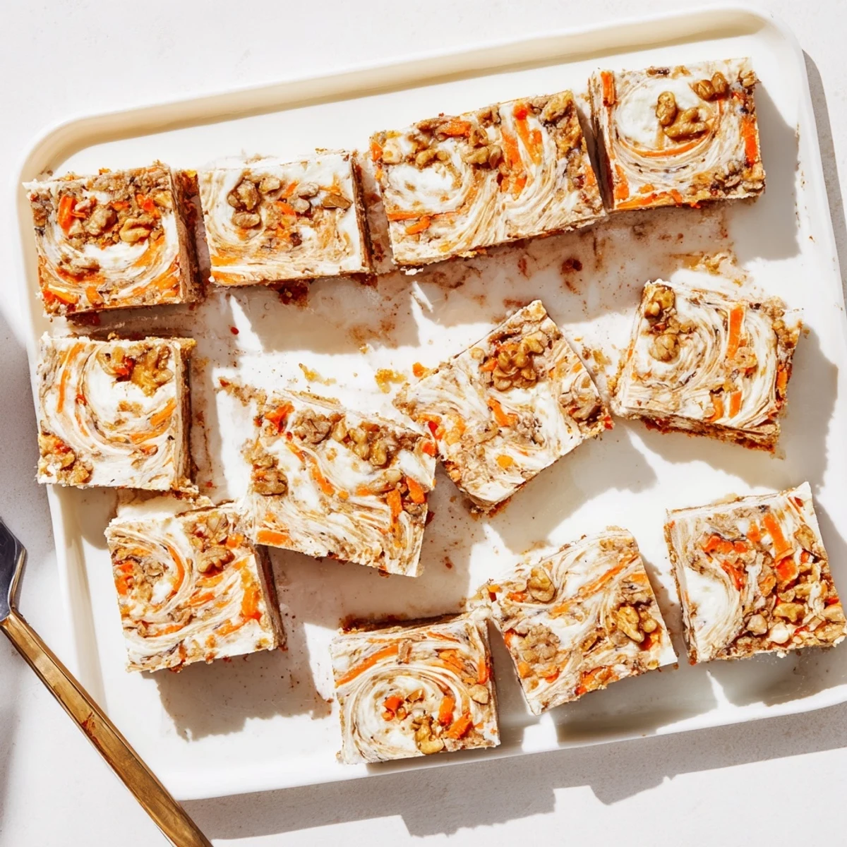Golden carrot cake bars with swirled cream cheese layer on a white serving plate