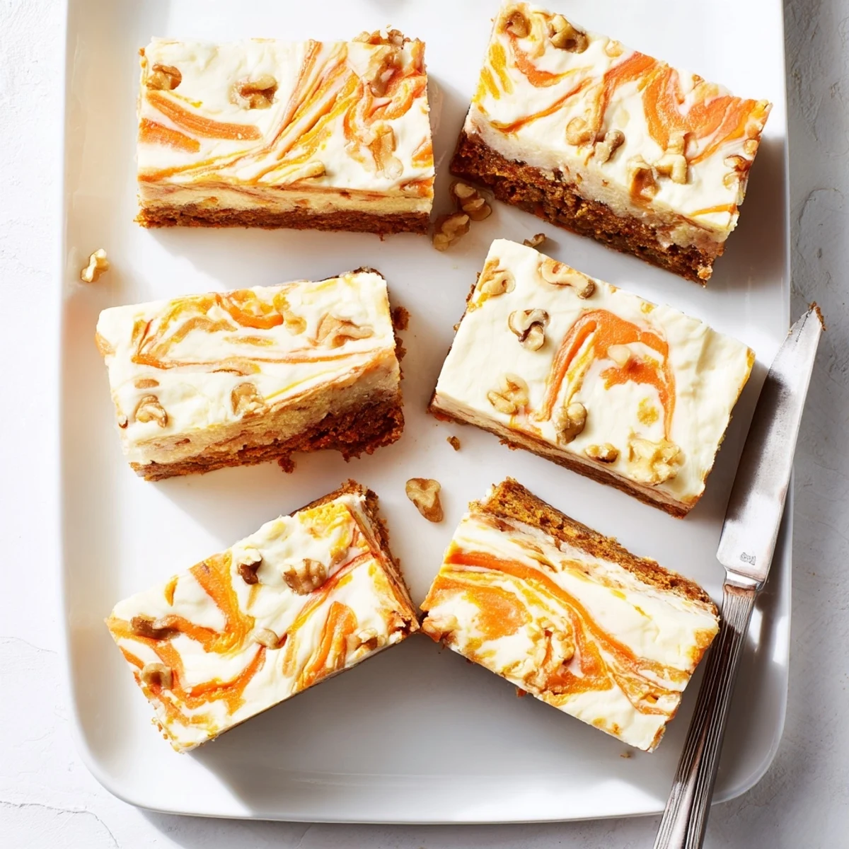 Homemade carrot cake cream cheese bars sliced into squares with smooth vanilla frosting swirls