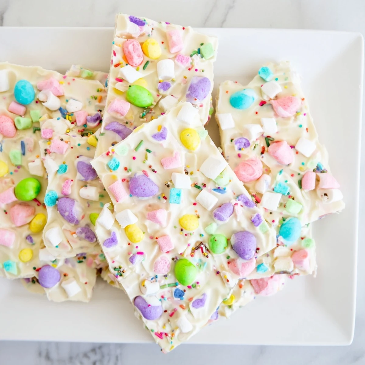 Festive Easter marshmallow bark topped with colorful pastel sprinkles and candy-coated chocolate eggs