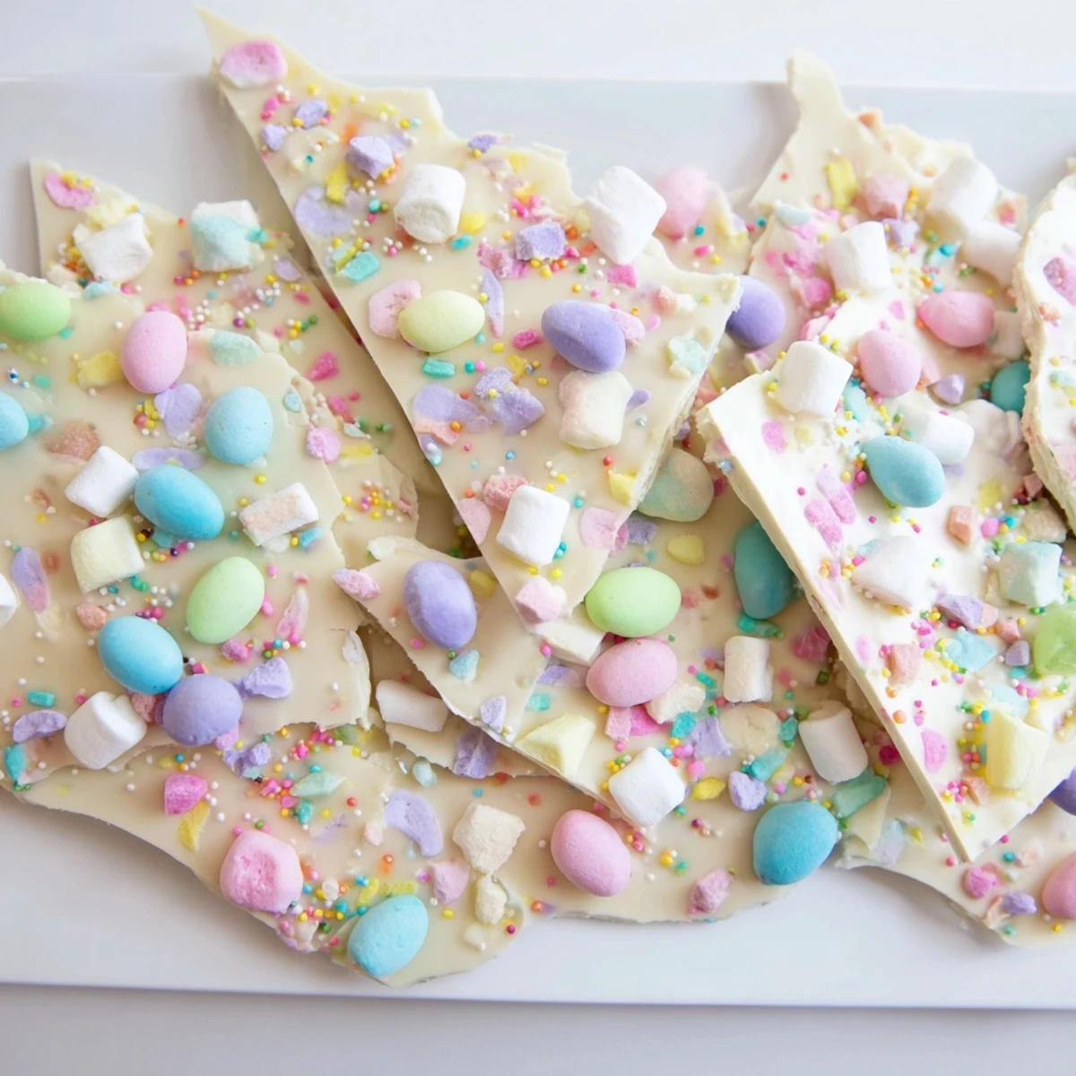 Creamy white chocolate Easter marshmallow bark studded with pastel mini marshmallows and sweet decorations
