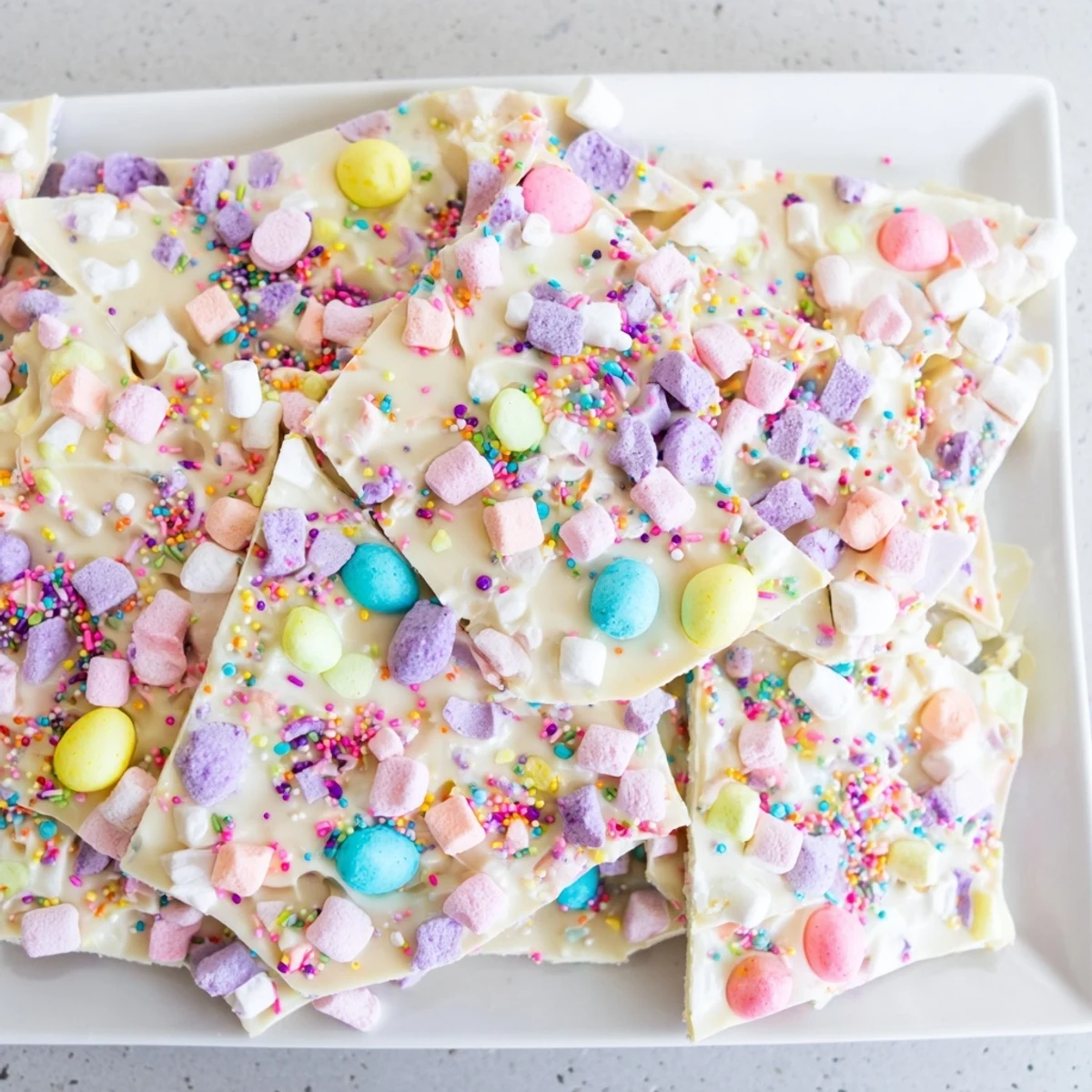 Handmade Easter marshmallow bark featuring melted white chocolate with pastel candy pieces and sprinkles